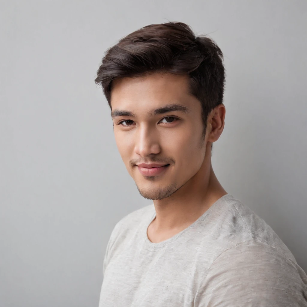 (photo: 1.3) af (realism: 1.3), (Hispanic), Latino man profile, (frontal close-up), soft light, clear face, happy, cheerful, warm light, white T-shirt, (off-white background), (blank background), ((gray wall background)) avatar, (short hair), smile, handsome, young,, short hair, smile, (close-up)