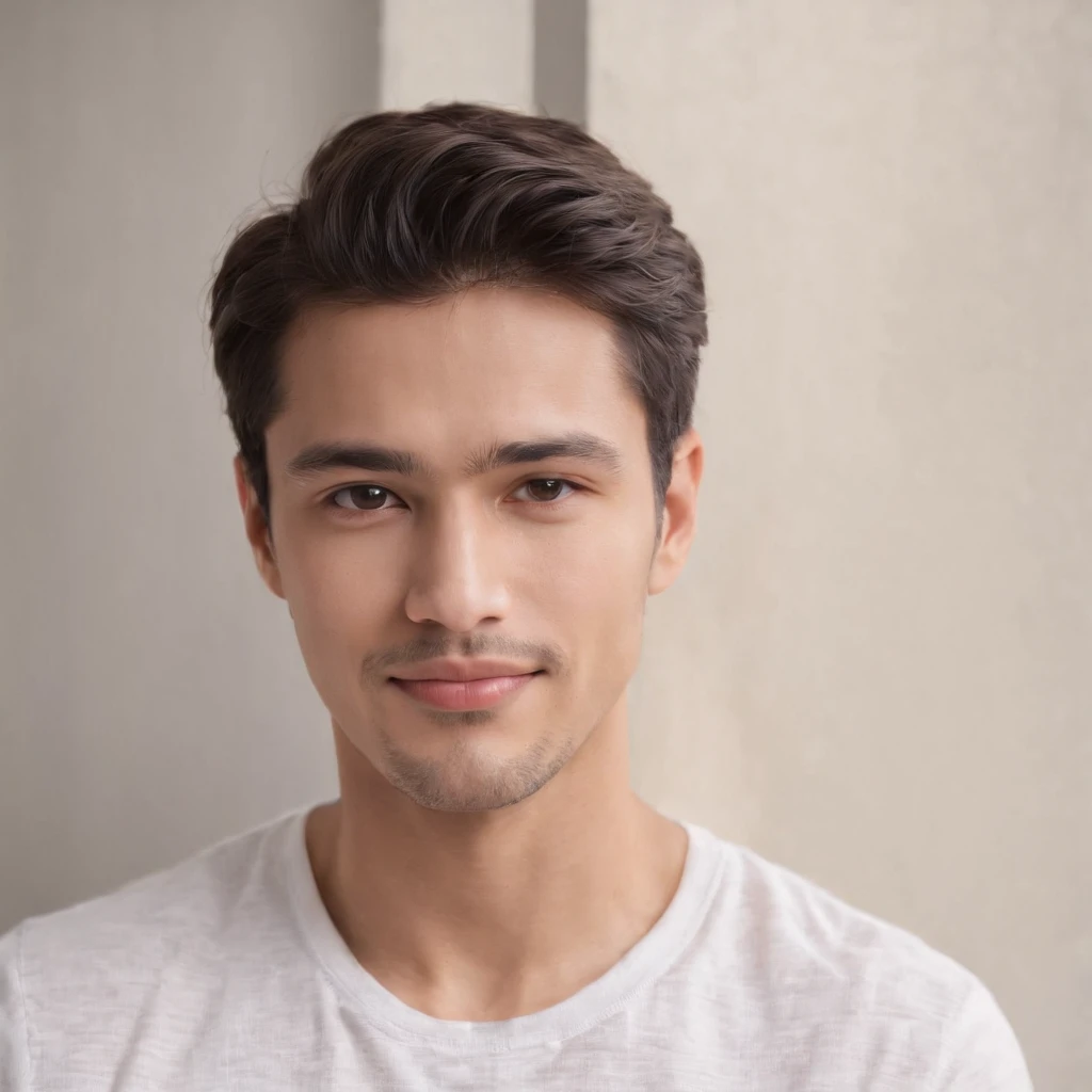 (photo: 1.3) af (realism: 1.3), (Hispanic), Latino man profile, (frontal close-up), soft light, clear face, happy, cheerful, warm light, white T-shirt, (off-white background), (blank background), ((gray wall background)) avatar, (short hair), smile, handsome, young,, short hair, smile, (close-up)