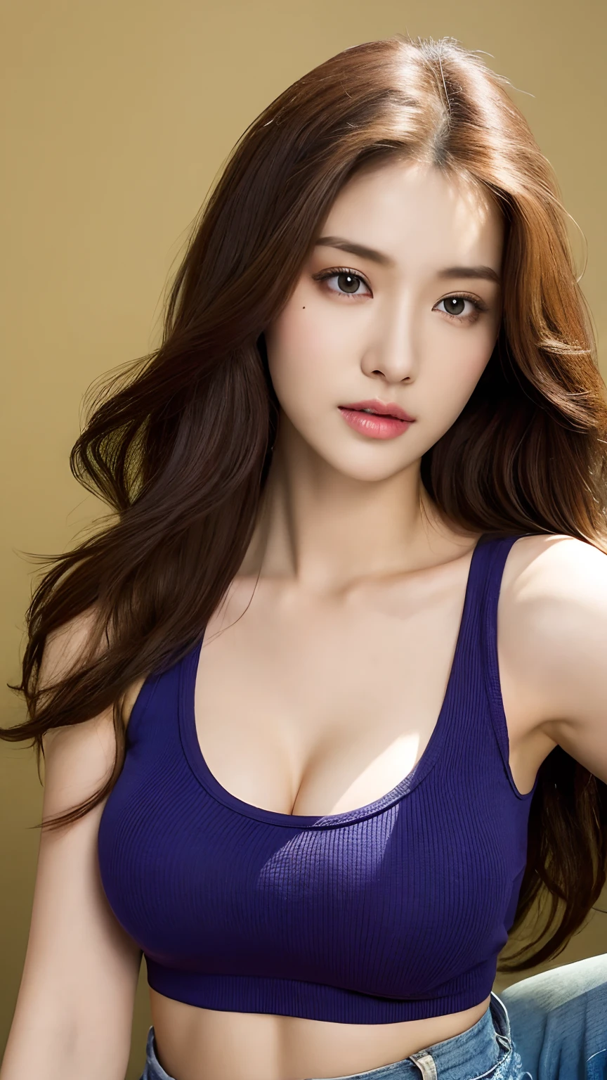 (lifelike, high - resolution:1.3), 1 girl with a perfect body, Super fine face and eyes,slong hair, Tank top of random colors:1.2, short jeans, big boob,Expose cleavage