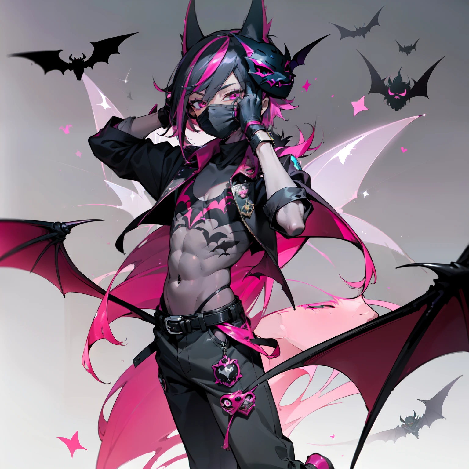 (masterpiece, best quality:1.2),solo, ((1boy:1.5)), ((lilia vanrouge as a Digimon)), full body ,Mischievous smile, looking at viewer, multicolored hair, black hair, streaked pink hair,((Anthro Bat)),(( fairy)), ((Demonic)), ((Pink and Black Body))digimon\(creature\),(( mask covering Eyes)) gloves, black shirt
wings, sparkling clothing, ((Grey skin))