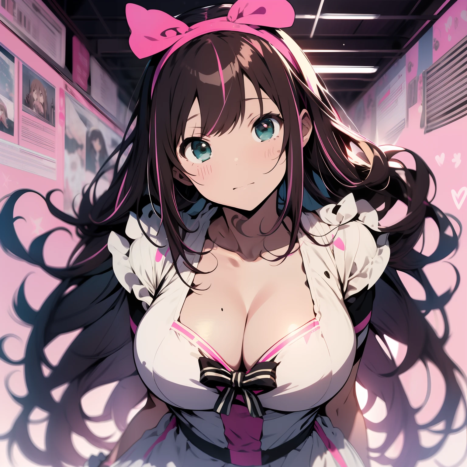 masterpiece, best quality, highres, 1girl, kizuna ai, large breasts ,long hair, brown hair, multicolored hair, floating hair, pink hairband, pink highlights, streaked hair, naked, apron, leaning forward, cleavage , looking at viewer, tattoo on breasts, bare arms, pink and white pattern background