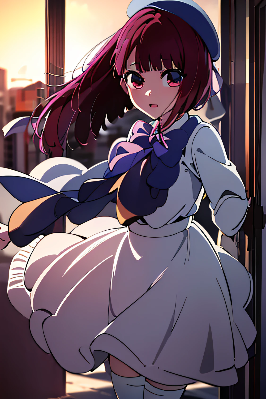 (best quality,4k,8k,highres,masterpiece,Arima Kana, looking at viewer:1.2), laughing expression, blue beret, school background, hat, blue headwear, beret, blunt bangs, shirt, long_sleeves, school_uniform, pink bow, gray skirt, thighhighs, white legwear, loafers, brown footwear, ultra-detailed,beautiful detailed eyes,extremely detailed eyes and face,dynamic lighting,fierce colors,sharp focus,high contrast,soft shadows,HD rendering,exquisite details,ethereal beauty,colorful energy,creative composition