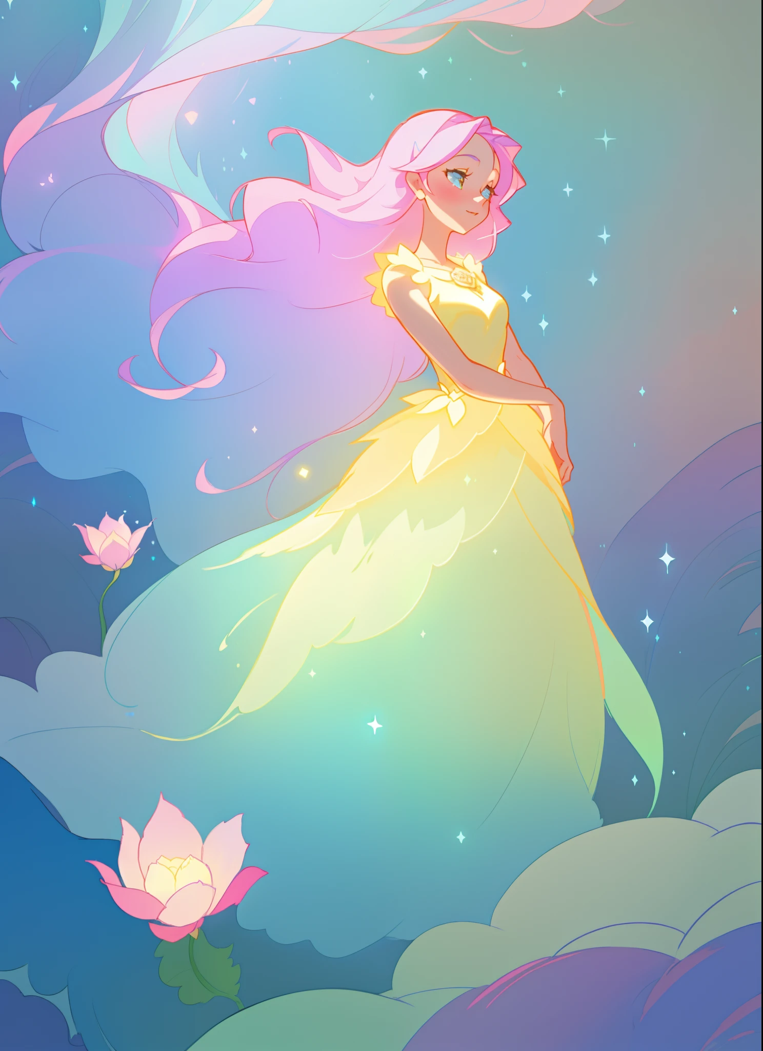 beautiful girl in flowing ballgown, flowing long hair, multi-layered ballgown, intricately detailed dress, colorful lights, pastel colors, magical, whimsical, sparkling, inspired by Glen Keane, inspired by Lois van Baarle, disney art style, by Lois van Baarle, glowing aura around her, by Glen Keane, jen bartel, glowing lights! digital painting, flowing glowing hair, glowing flowing hair, beautiful digital illustration, fantasia otherworldly landscape plants flowers, beautiful, masterpiece, best quality, anime disney style