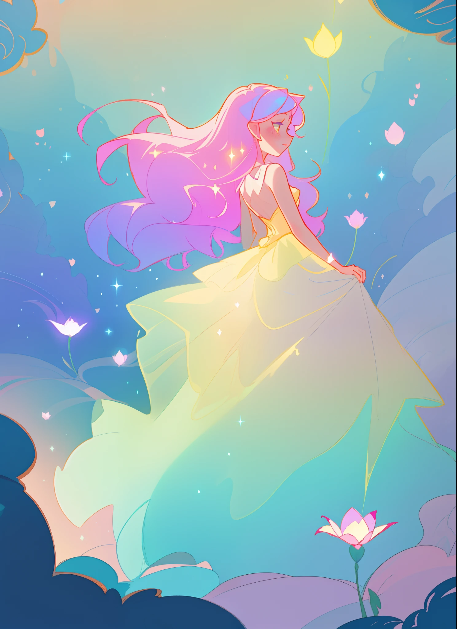 beautiful girl in flowing ballgown, flowing long hair, multi-layered ballgown, intricately detailed dress, colorful lights, pastel colors, magical, whimsical, sparkling, inspired by Glen Keane, inspired by Lois van Baarle, disney art style, by Lois van Baarle, glowing aura around her, by Glen Keane, jen bartel, glowing lights! digital painting, flowing glowing hair, glowing flowing hair, beautiful digital illustration, fantasia otherworldly landscape plants flowers, beautiful, masterpiece, best quality, anime disney style