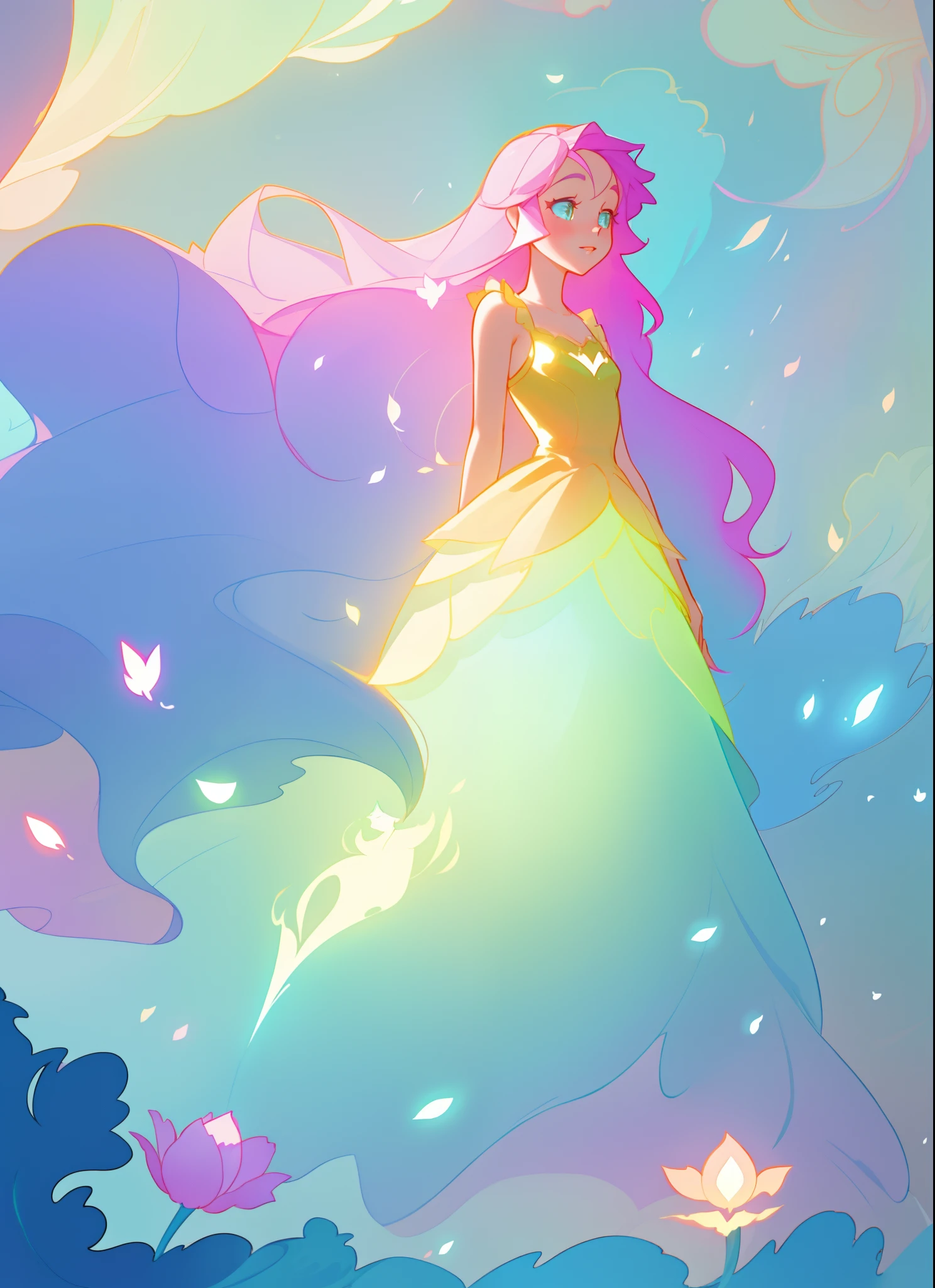 beautiful girl in flowing ballgown, flowing long hair, multi-layered ballgown, intricately detailed dress, colorful lights, pastel colors, magical, whimsical, sparkling, inspired by Glen Keane, inspired by Lois van Baarle, disney art style, by Lois van Baarle, glowing aura around her, by Glen Keane, jen bartel, glowing lights! digital painting, flowing glowing hair, glowing flowing hair, beautiful digital illustration, fantasia otherworldly landscape plants flowers, beautiful, masterpiece, best quality, anime disney style