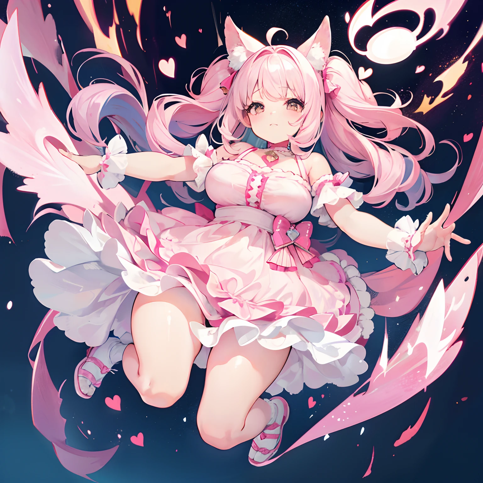 Pudgy age girl, chubby, pudgy girl, chubby girl, pink and white hair, brown eyes, frilly dress, cute dress, sexy dress, big breasts, cute girl, fluffy hair, cute hair, full body, puppy ears, puppy tail, puppy girl, astral background, cute background, pink Hearts
