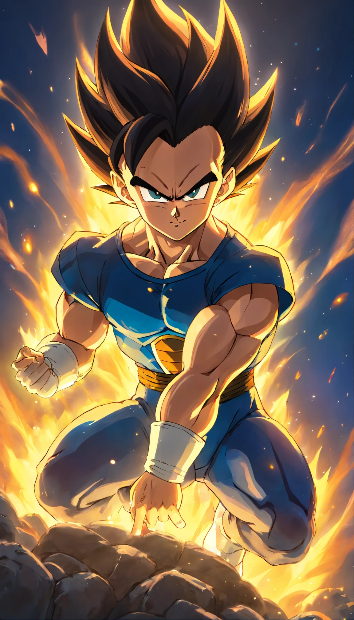 Vegeta Dragon Ball Super , full body, super strong, muscular, abs, colored, illustration, soft lighting, soft details, painting oil on canvas, octane render, HDR, trending on artstation, 4k, 8k, HD