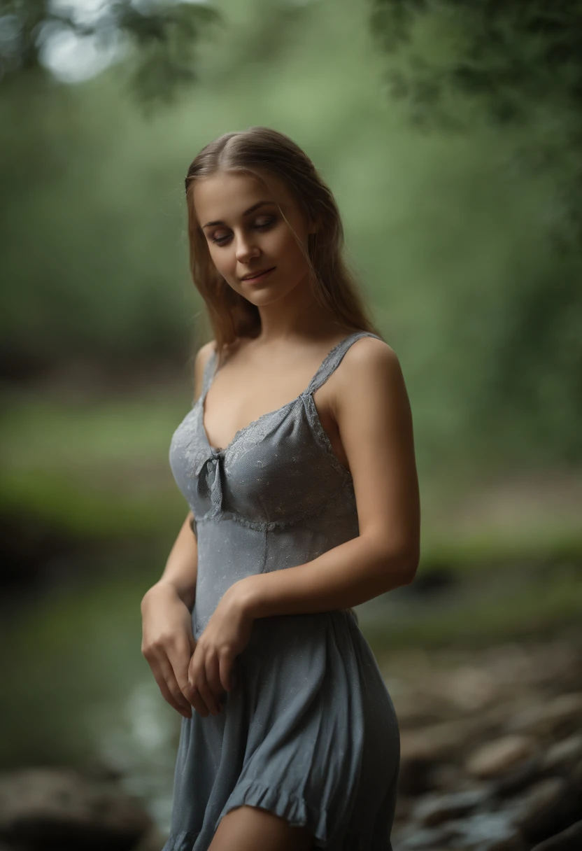 1girl, Glade by the stream, Razvratnaya pose, body complet,   girl girl, beautiful breasts, Lady debauchery, pigtails (Revealing clothes:1.3), portraite of a, Best Quality, extra high resolution, Maximum realism, tmasterpiece