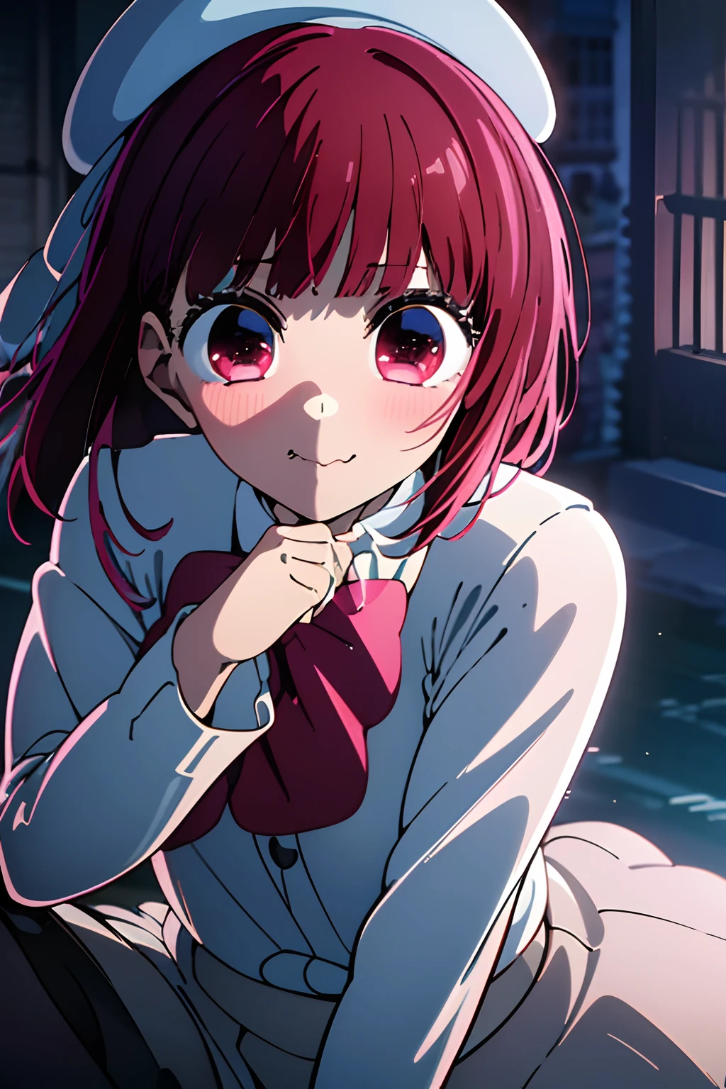 (best quality,4k,8k,highres,masterpiece,Arima Kana, looking at viewer:1.2), laughing expression, blue beret, school background, hat, blue headwear, beret, blunt bangs, shirt, long_sleeves, school_uniform, pink bow, gray skirt, thighhighs, white legwear, loafers, brown footwear, ultra-detailed,beautiful detailed eyes,extremely detailed eyes and face,dynamic lighting,fierce colors,sharp focus,high contrast,soft shadows,HD rendering,exquisite details,ethereal beauty,colorful energy,creative composition