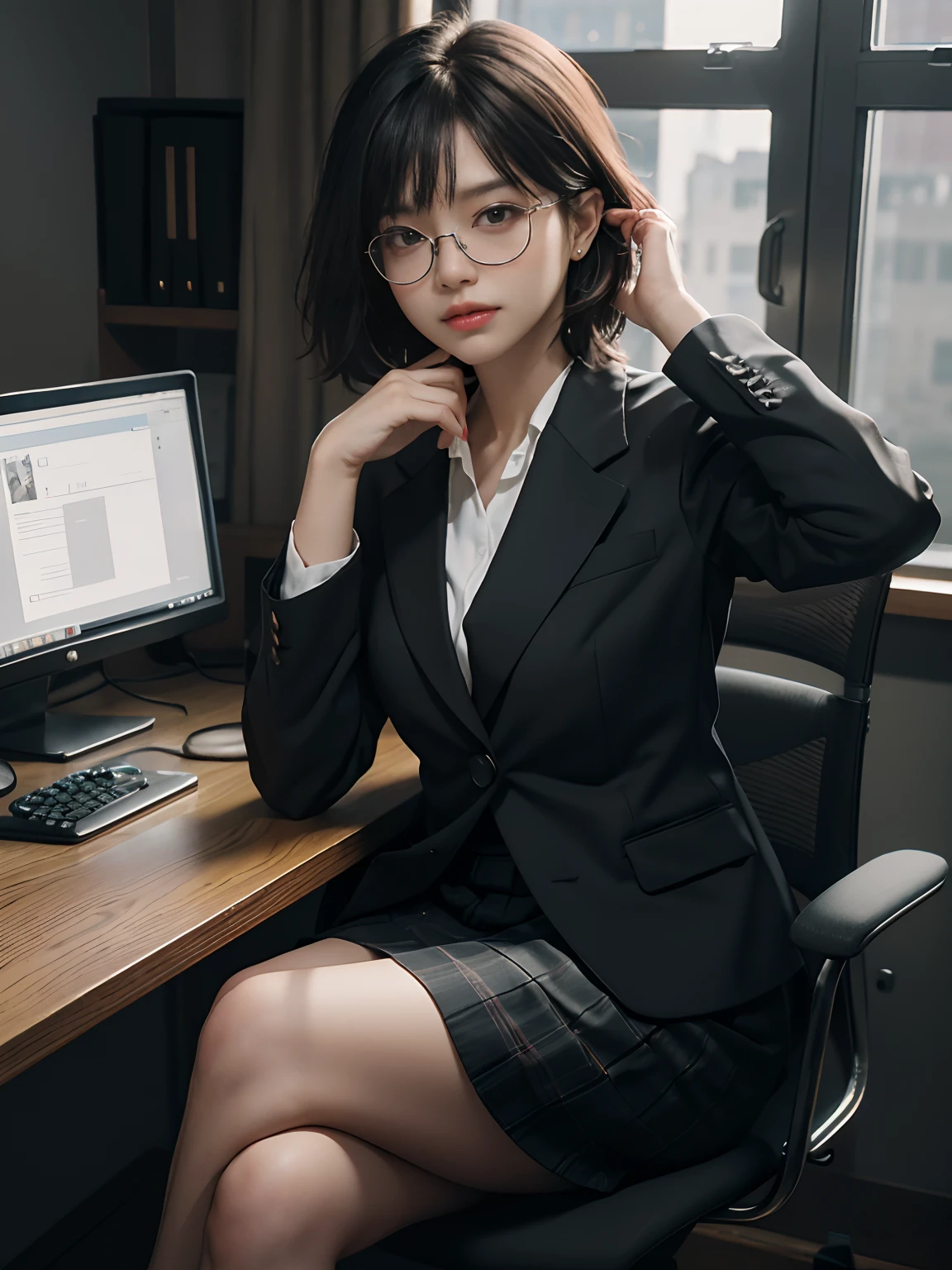 randome pose, (8K, RAW photo, Highest quality, Masterpiece: 1.2), (Realistic, Photorealistic: 1.37), 超高分辨率, (Photoreal: 1.4), RAW photo, 1 girl, cropped shoulders, Medium Bob, background is office, Office Lady, Black suit, Suit skirt, Hands on your chin, sit on chair, Legs crossed, Thighs, chirality, Glasses,