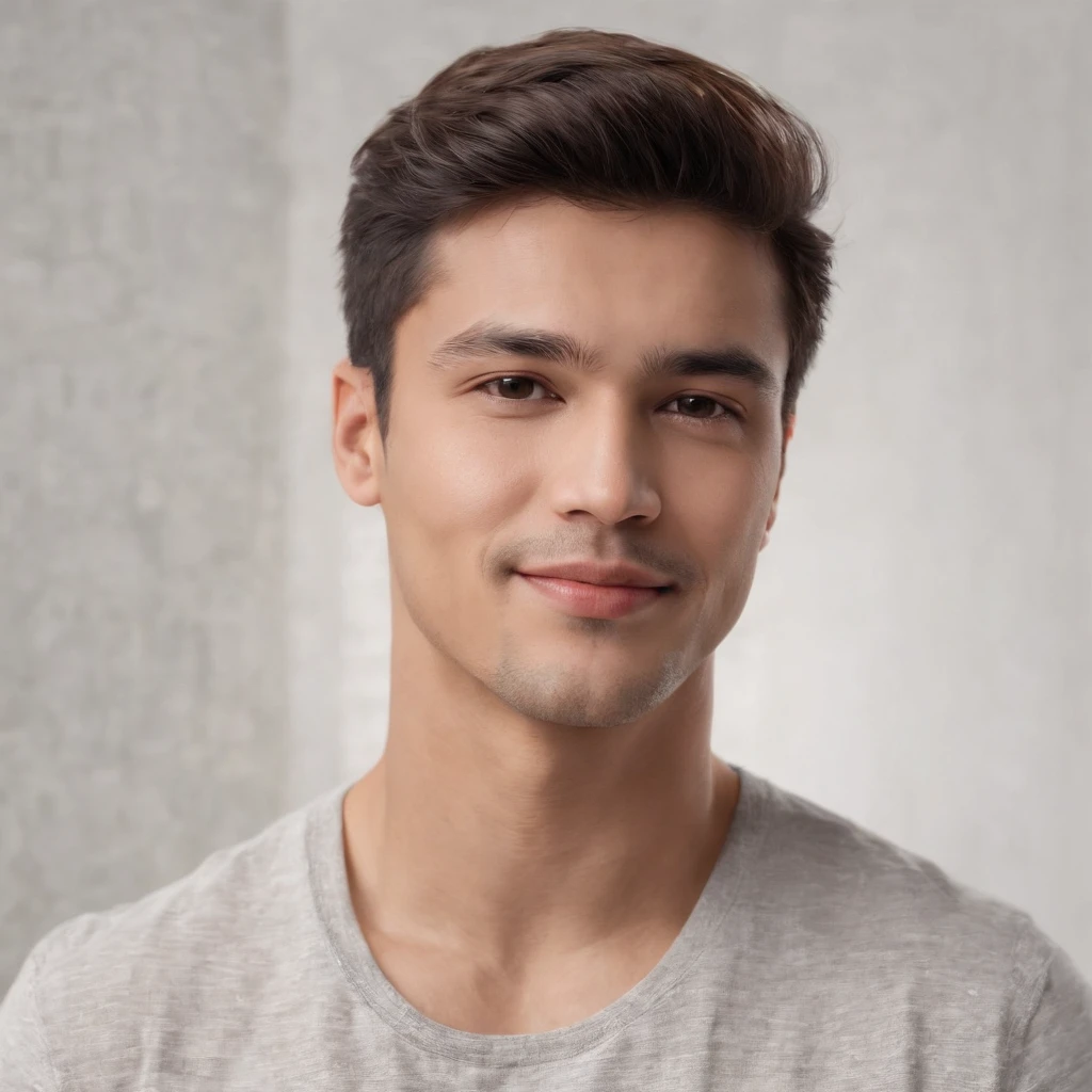 (photo: 1.3) af (realism: 1.3), (Hispanic), Latino man profile, (frontal close-up), soft light, clear face, happy, cheerful, warm light, white T-shirt, (off-white background), (blank background), ((gray wall background)) avatar, (short hair), smile, handsome, young,, short hair, smile, (close-up)