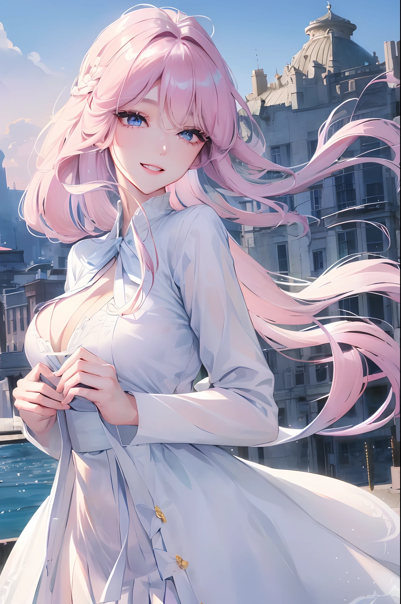 Official Art, Masterpiece, Sharp Focus, (Beautiful Gorgeous and Lovely Korean Woman: 1.3), (Beautiful and Lovely Korean: 1.3), Korean beauty, delicate and beautiful hair eyes and face, realistic, super detailed, beautiful girl, blue sky, luminous white particles, (side light:1.2), sunlight, white clouds, fine clouds, slim, cute big tits, big ass, grin, ((eyes open when laughing)), landscape, long straight hair, sexy expression, buildings, (city view: 1.7), dynamic hair, long straight hair, delicate platinum-pink hair, shiny blue eyes, (blue pleated shirt + white dress), white stockings, pale skin, hair dotted with epic landscapes,