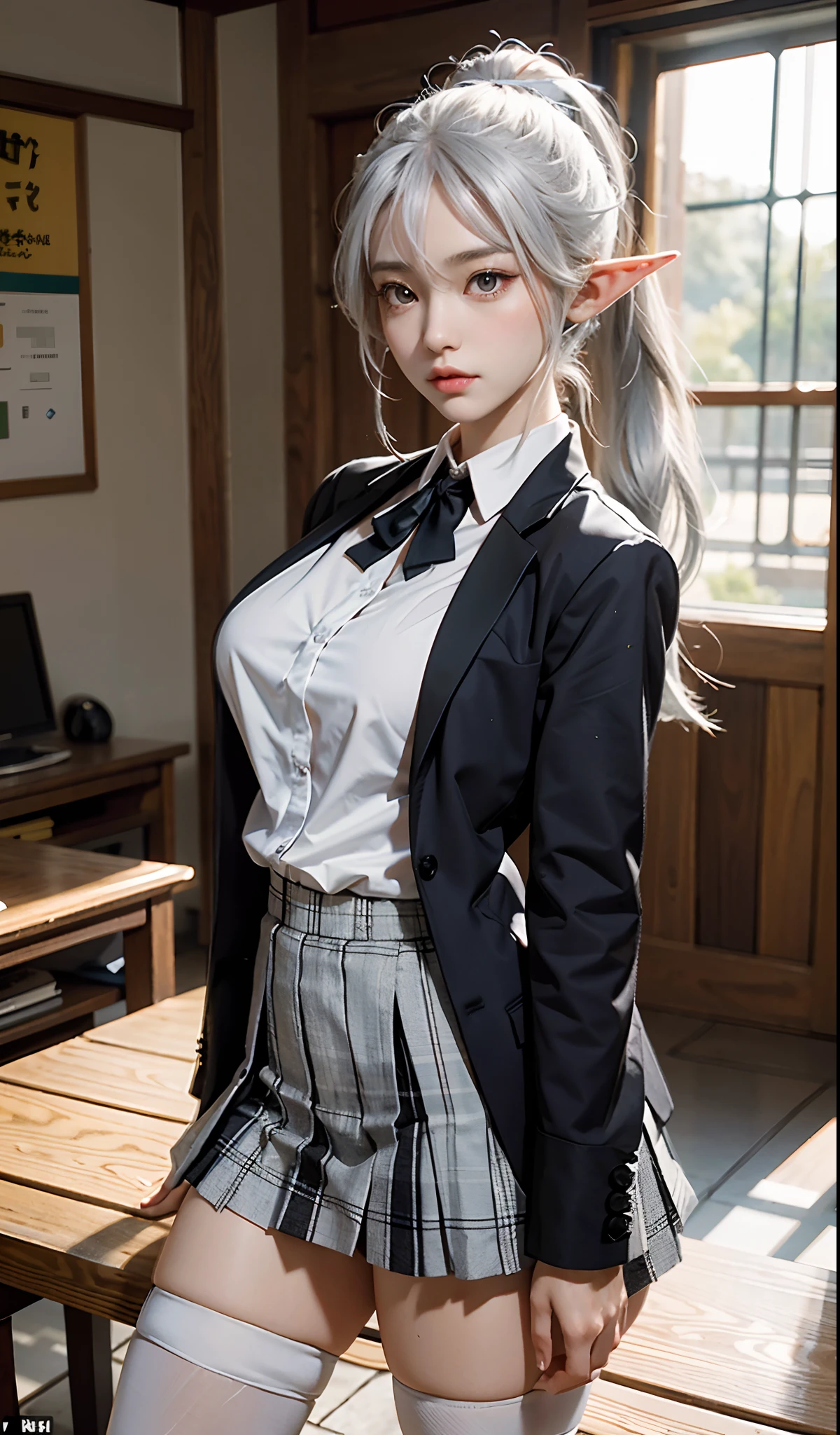 (Extremely normal body)Japanese-style town:1 Elf beauty,JK school uniform,(Elf long ears),Short silver-white hair,Half-tied ponytail。Uniform for female high school students),Short plaid skirt,Black short stockings,Black socks, Black socks,Translucent black socks,Jade foot , very detailed eyes and faces, Sharp pupils, realistic pupil, tack sharp focus, cinmatic lighting,full bodyesbian,Bigboobs,long leges,From the front side,dynamicposes,Normal posture,closeup of face