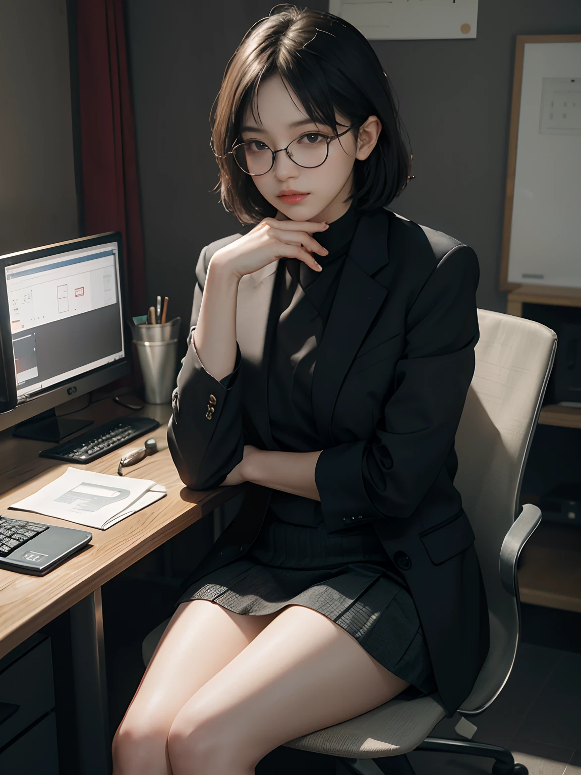 randome pose, (8K, RAW photo, Highest quality, Masterpiece: 1.2), (Realistic, Photorealistic: 1.37), 超高分辨率, (Photoreal: 1.4), RAW photo, 1 girl, cropped shoulders, Medium Bob, background is office, Office Lady, Black suit, Suit skirt, Hands on your chin, sit on chair, Legs crossed, Thighs, chirality, Glasses,