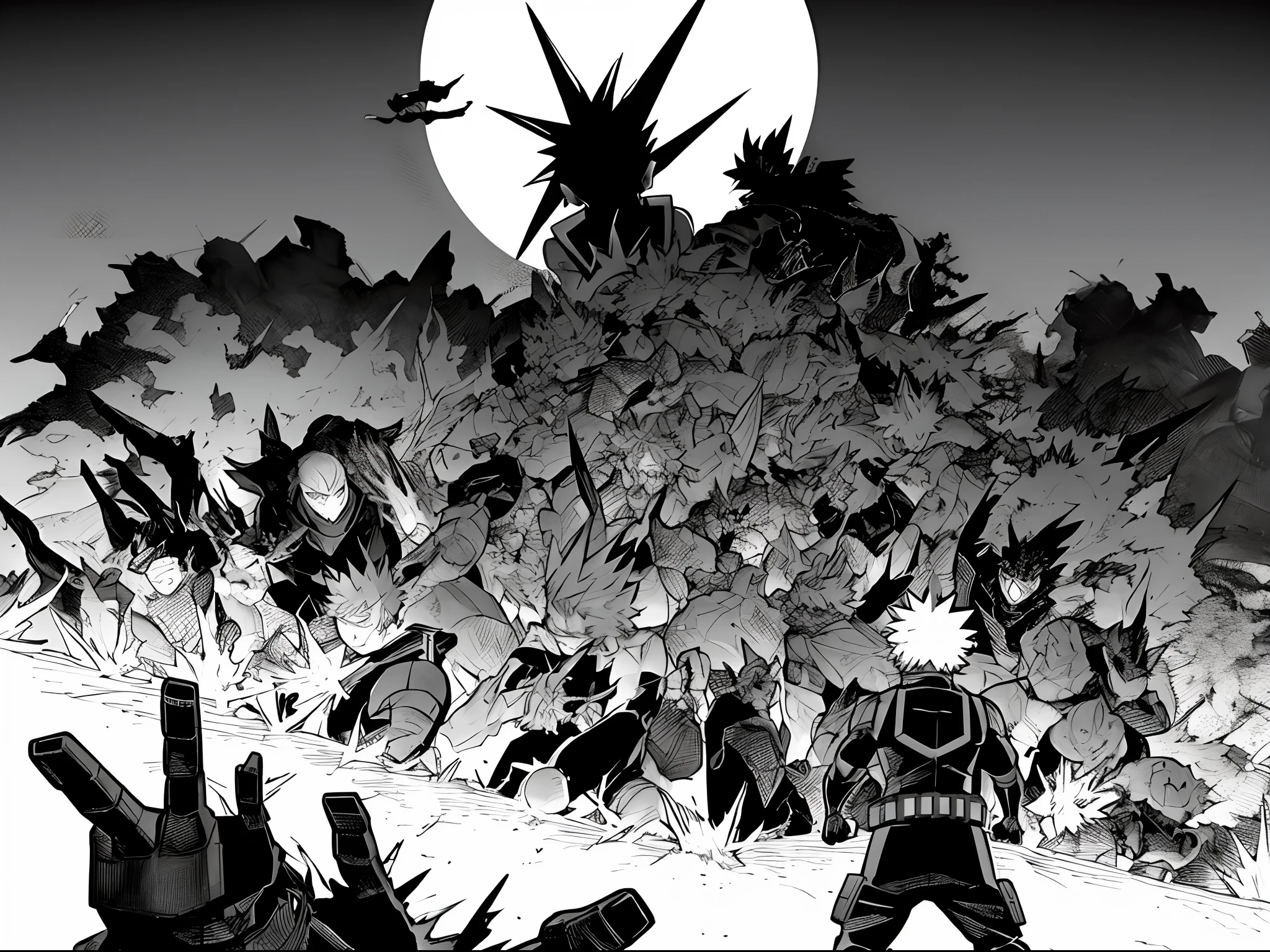 horikoshi kouhei, An anime-inspired cinematic scene featuring Bakugo from My Hero Academia. Bakugo stands triumphantly over a pile of defeated enemies, exuding power and intensity. The scene should be dramatic, intense, and action-packed, drawing inspiration from the anime's explosive and fiery nature. The style should reflect the works of Kohei Horikoshi and Studio Bones, with high-definition visuals, vibrant colors, detailed character design, and dynamic lighting.