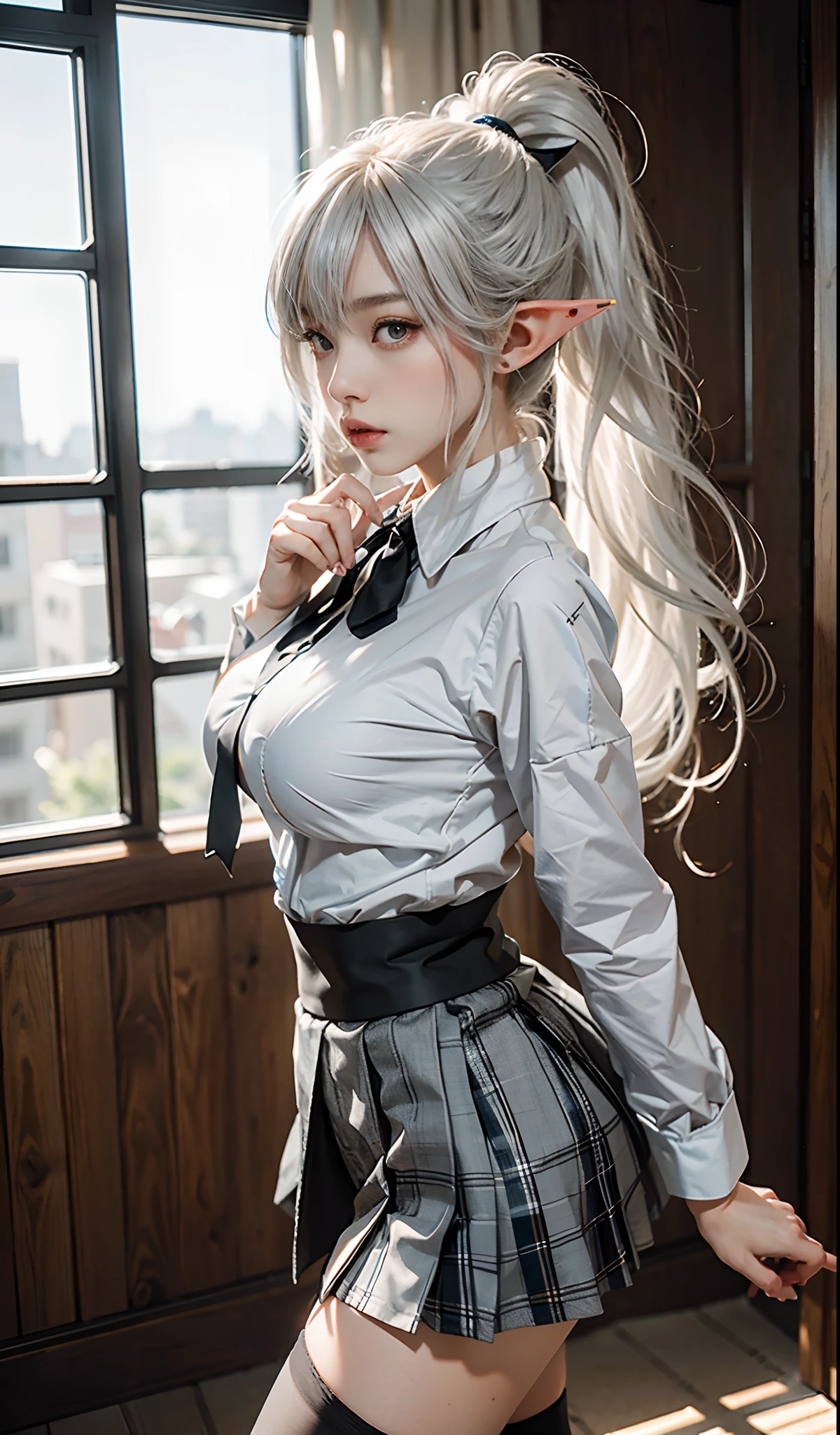 (Extremely normal body)Japanese-style town:1 Elf beauty,JK school uniform,(Elf long ears),Short silver-white hair,Half-tied ponytail。Uniform for female high school students),Short plaid skirt,Black short stockings,Black socks, Black socks,Translucent black socks,Jade foot , very detailed eyes and faces, Sharp pupils, realistic pupil, tack sharp focus, cinmatic lighting,full bodyesbian,Bigboobs,long leges,From the front side,dynamicposes,Normal posture,closeup of face