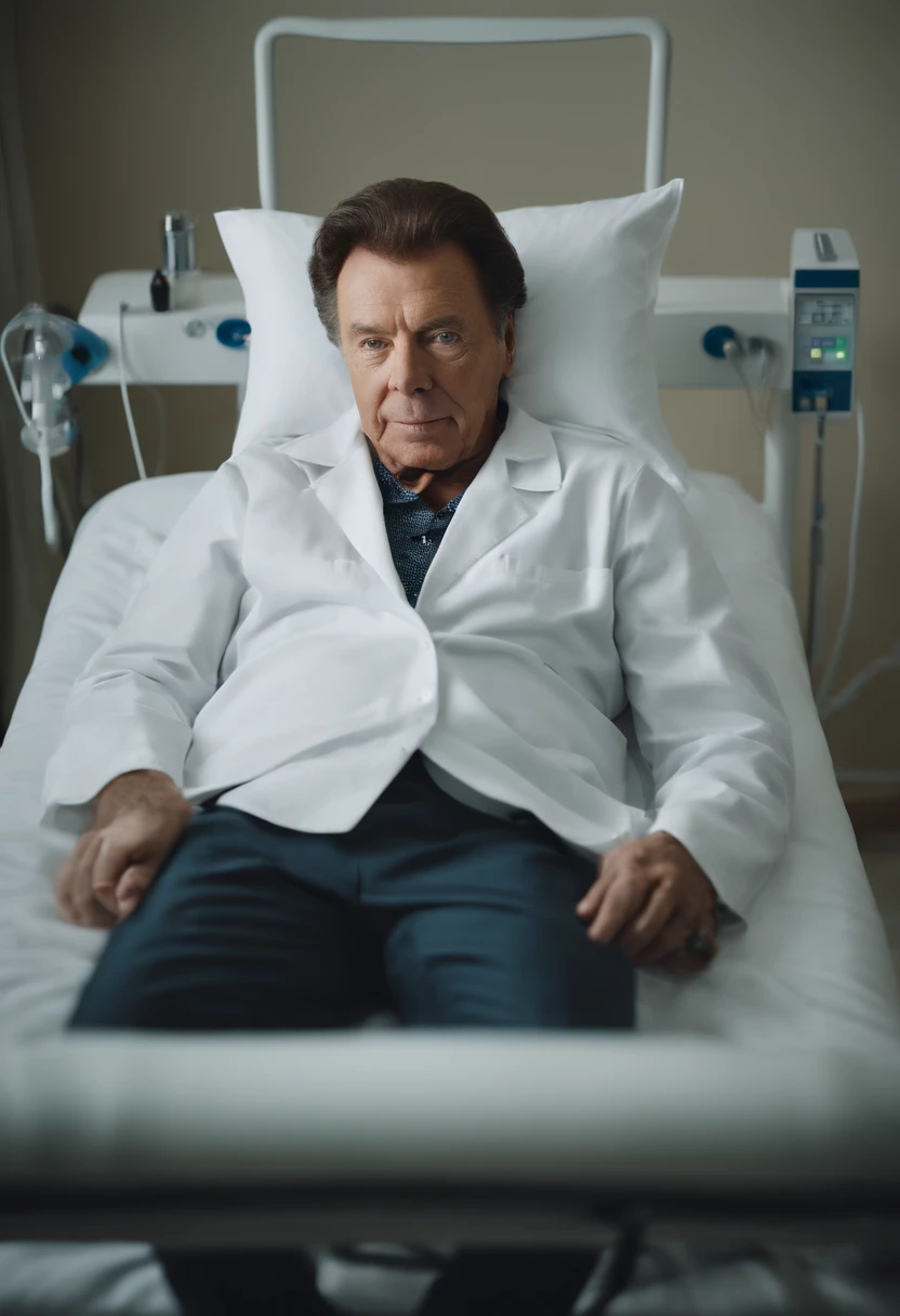 description: A foto mostra Silvio Santos deitado em uma cama de hospital. He is in a private room with white walls and a tiled floor. The bed is surrounded by medical equipment, including a heart monitor, a respirator and an infusion pump.