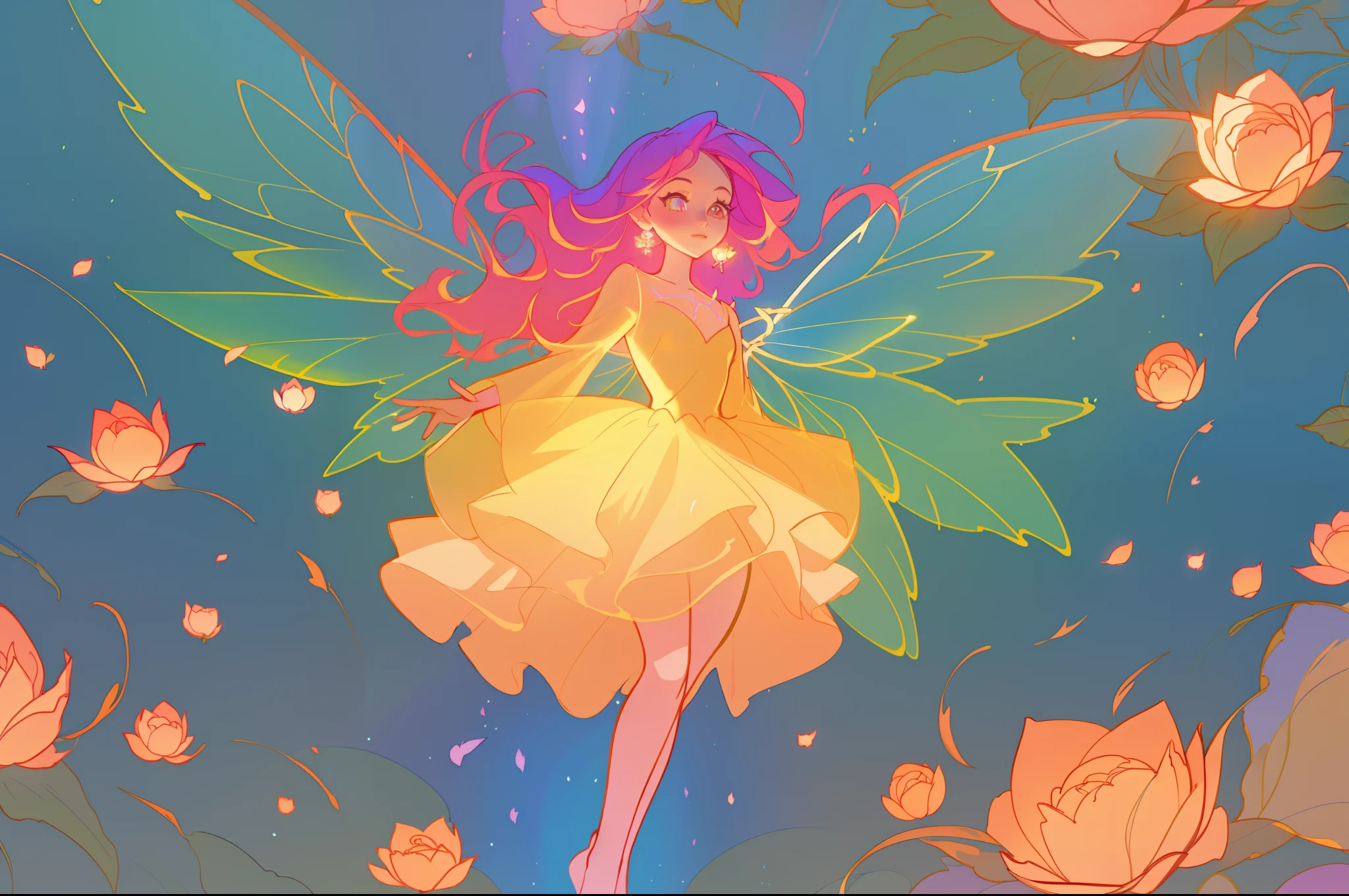 beautiful girl in flowing layered puff long sleeve ballgown, flower fairy, dress that looks like a flower or rose, rose, colorful flowers, inspired by Glen Keane, inspired by Lois van Baarle, disney art style, by Lois van Baarle, glowing aura around her, by Glen Keane, jen bartel, glowing lights! digital painting, flowing glowing hair, glowing flowing hair, beautiful digital illustration, fantasia otherworldly landscape plants flowers, beautiful, masterpiece, best quality, anime disney style, (sharp focus), intricate detail, fine detail, perfection, golden ratio, (fairy wings)