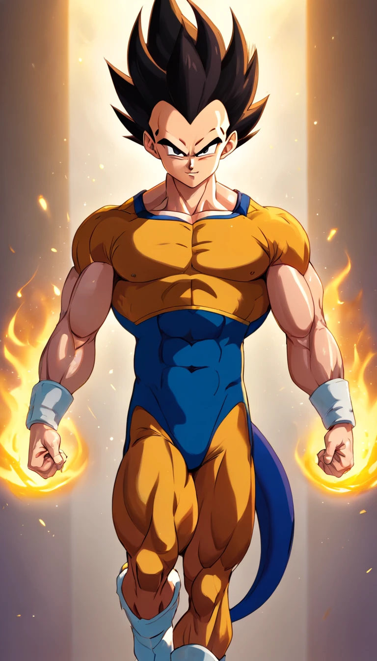 Vegeta Dragon Ball Super , full body, (((super strong, muscular, abs, bodybuilder))) colored, illustration, soft lighting, soft details, painting oil on canvas, octane render, HDR, trending on artstation, 4k, 8k, HD