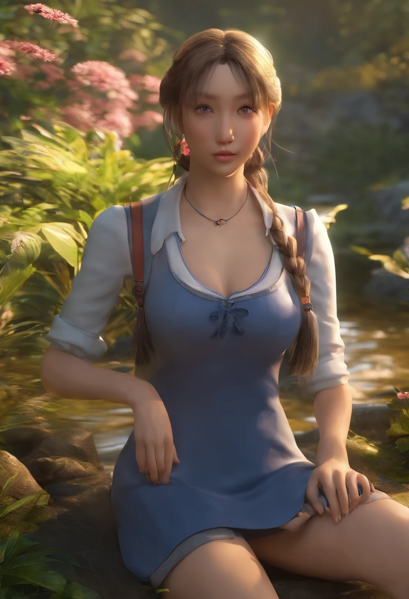 1girl, Glade by the stream, Razvratnaya pose, body complet, Schoolgirl girl, beautiful breasts, Lady debauchery, pigtails (Revealing clothes:1.3), portraite of a, Best Quality, extra high resolution, Maximum realism, tmasterpiece