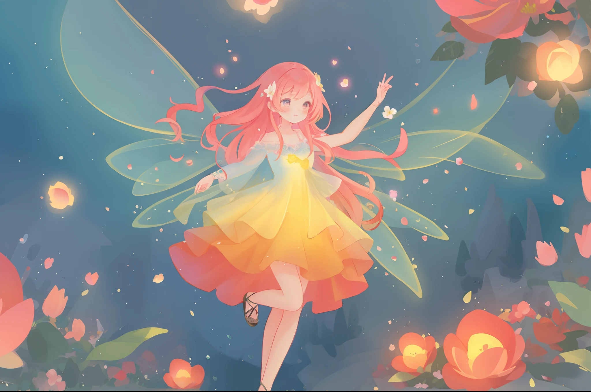 beautiful girl in flowing layered puff long sleeve ballgown, flower fairy, dress that looks like a flower or rose, rose, colorful flowers, inspired by Glen Keane, inspired by Lois van Baarle, disney art style, by Lois van Baarle, glowing aura around her, by Glen Keane, jen bartel, glowing lights! digital painting, flowing glowing hair, glowing flowing hair, beautiful digital illustration, fantasia otherworldly landscape plants flowers, beautiful, masterpiece, best quality, anime disney style, (sharp focus), intricate detail, fine detail, perfection, golden ratio, (fairy wings)