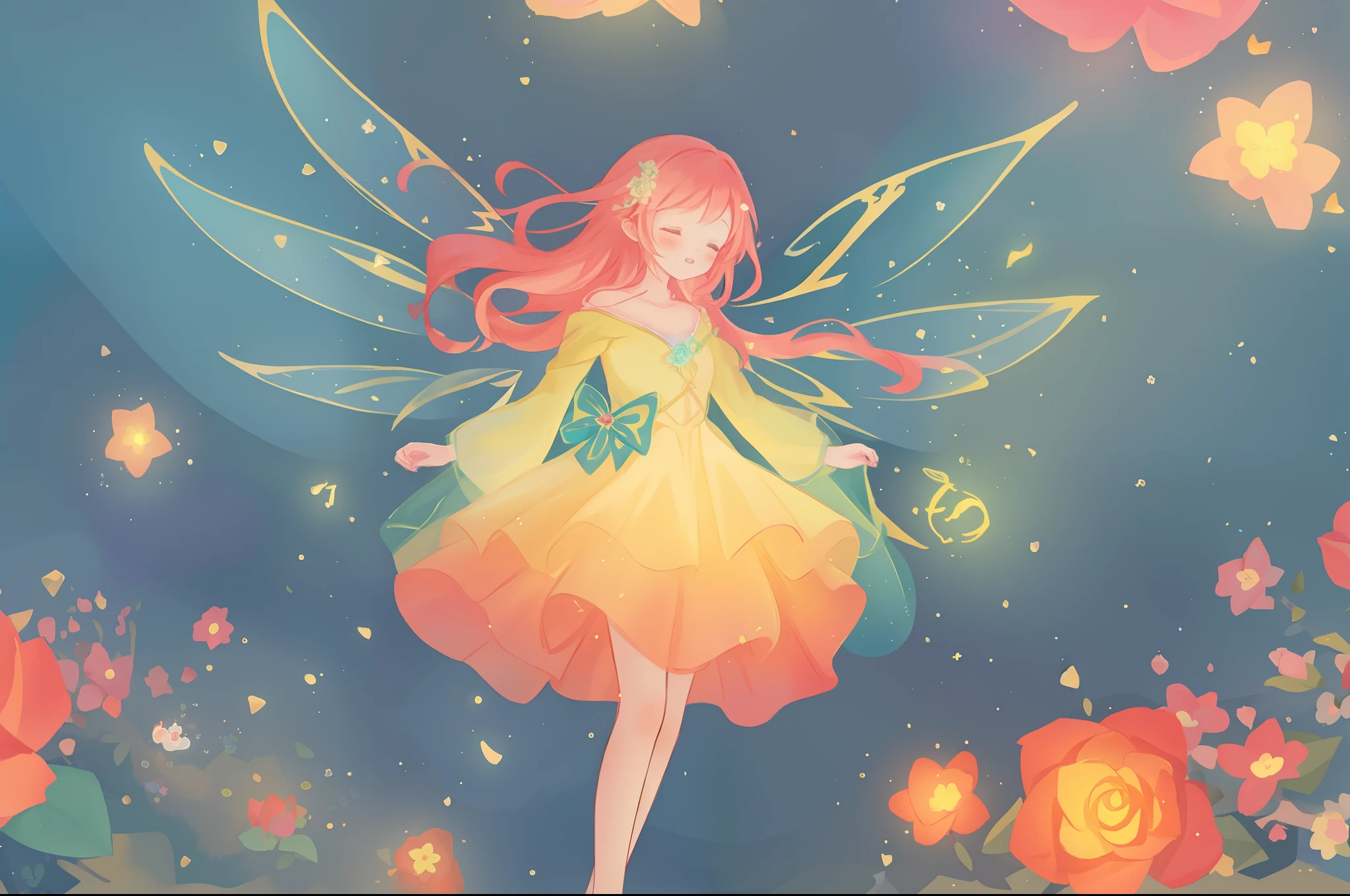 beautiful girl in flowing layered puff long sleeve ballgown, flower fairy, dress that looks like a flower or rose, rose, colorful flowers, inspired by Glen Keane, inspired by Lois van Baarle, disney art style, by Lois van Baarle, glowing aura around her, by Glen Keane, jen bartel, glowing lights! digital painting, flowing glowing hair, glowing flowing hair, beautiful digital illustration, fantasia otherworldly landscape plants flowers, beautiful, masterpiece, best quality, anime disney style, (sharp focus), intricate detail, fine detail, perfection, golden ratio, (fairy wings)