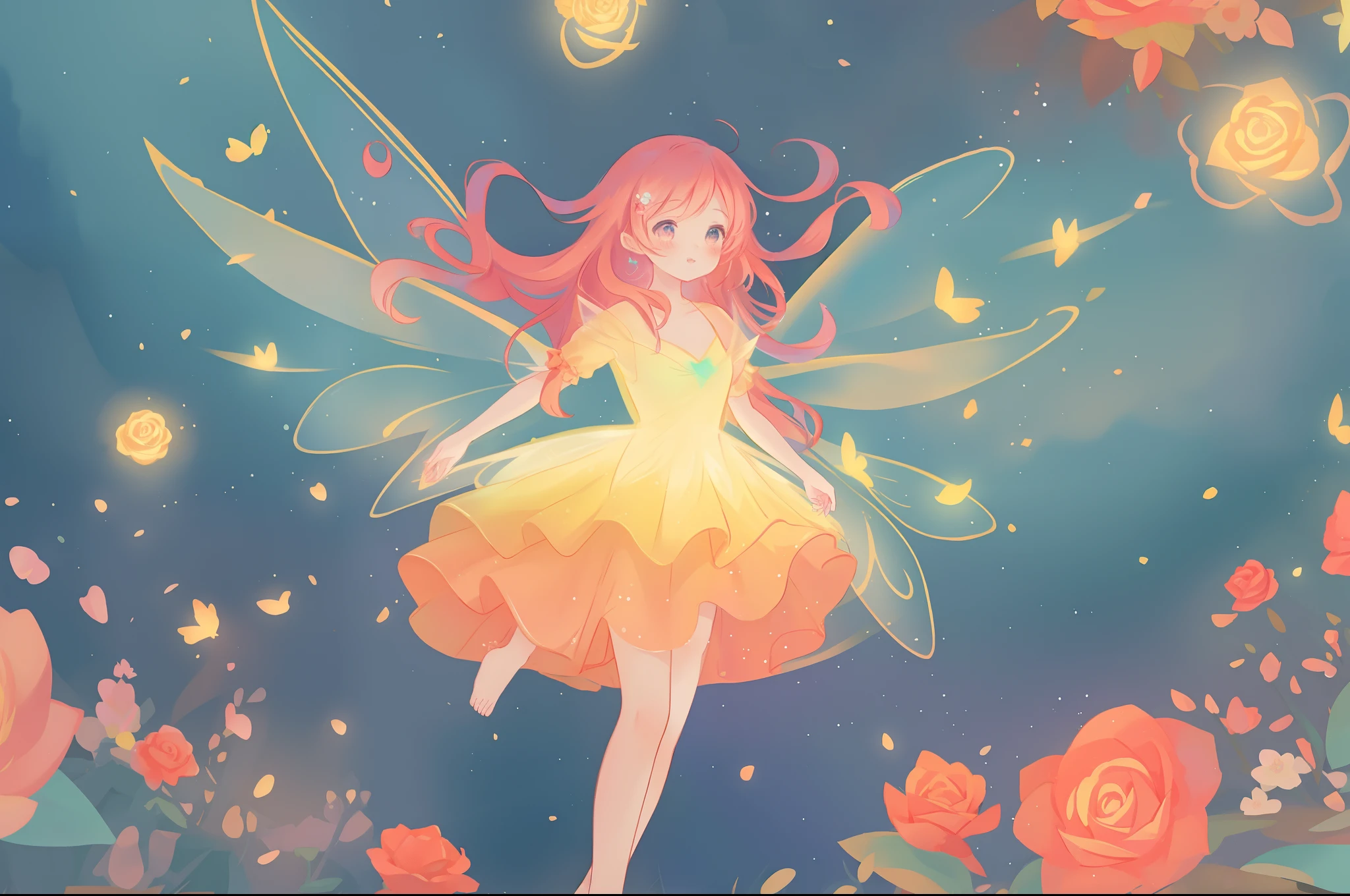 beautiful girl in flowing layered puff long sleeve ballgown, flower fairy, dress that looks like a flower or rose, rose, colorful flowers, inspired by Glen Keane, inspired by Lois van Baarle, disney art style, by Lois van Baarle, glowing aura around her, by Glen Keane, jen bartel, glowing lights! digital painting, flowing glowing hair, glowing flowing hair, beautiful digital illustration, fantasia otherworldly landscape plants flowers, beautiful, masterpiece, best quality, anime disney style, (sharp focus), intricate detail, fine detail, perfection, golden ratio, (fairy wings)