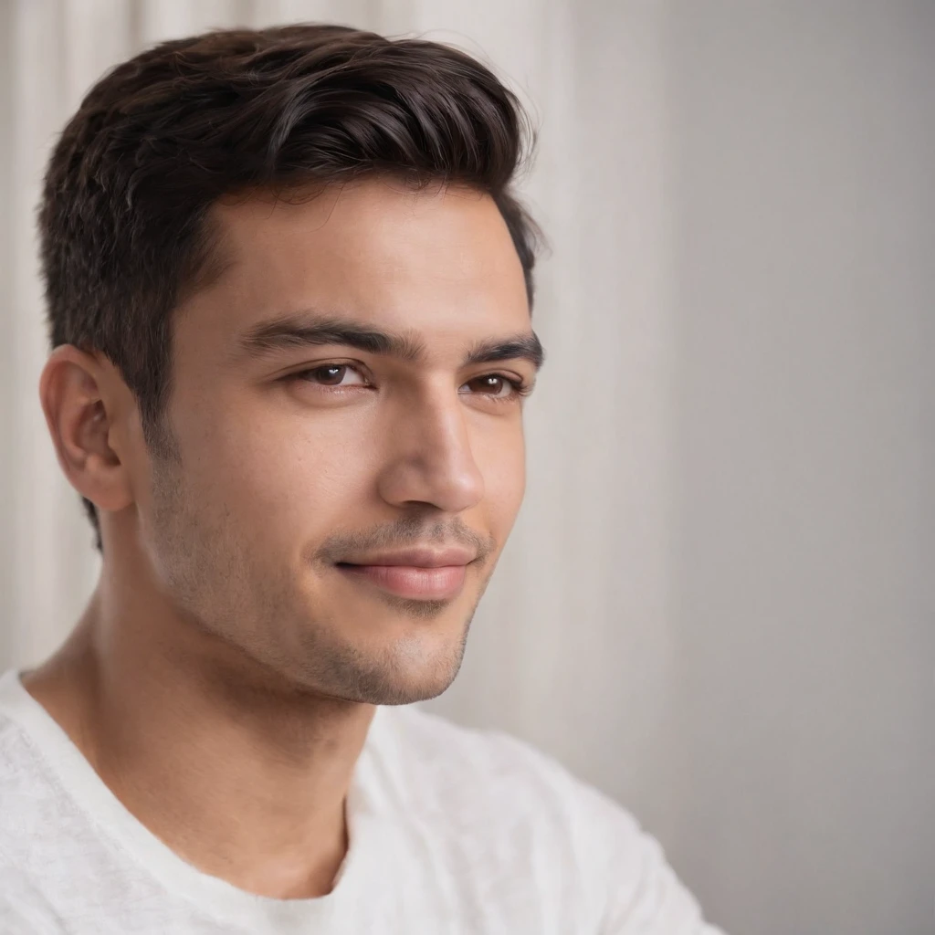 (photo: 1.3) af (realism: 1.3), (Hispanic), Latino man profile, (frontal close-up), soft light, clear face, happy, cheerful, warm light, white T-shirt, (off-white background), (blank background), ((gray wall background)) avatar, (short hair), smile, handsome, young,, short hair, smile, (close-up)