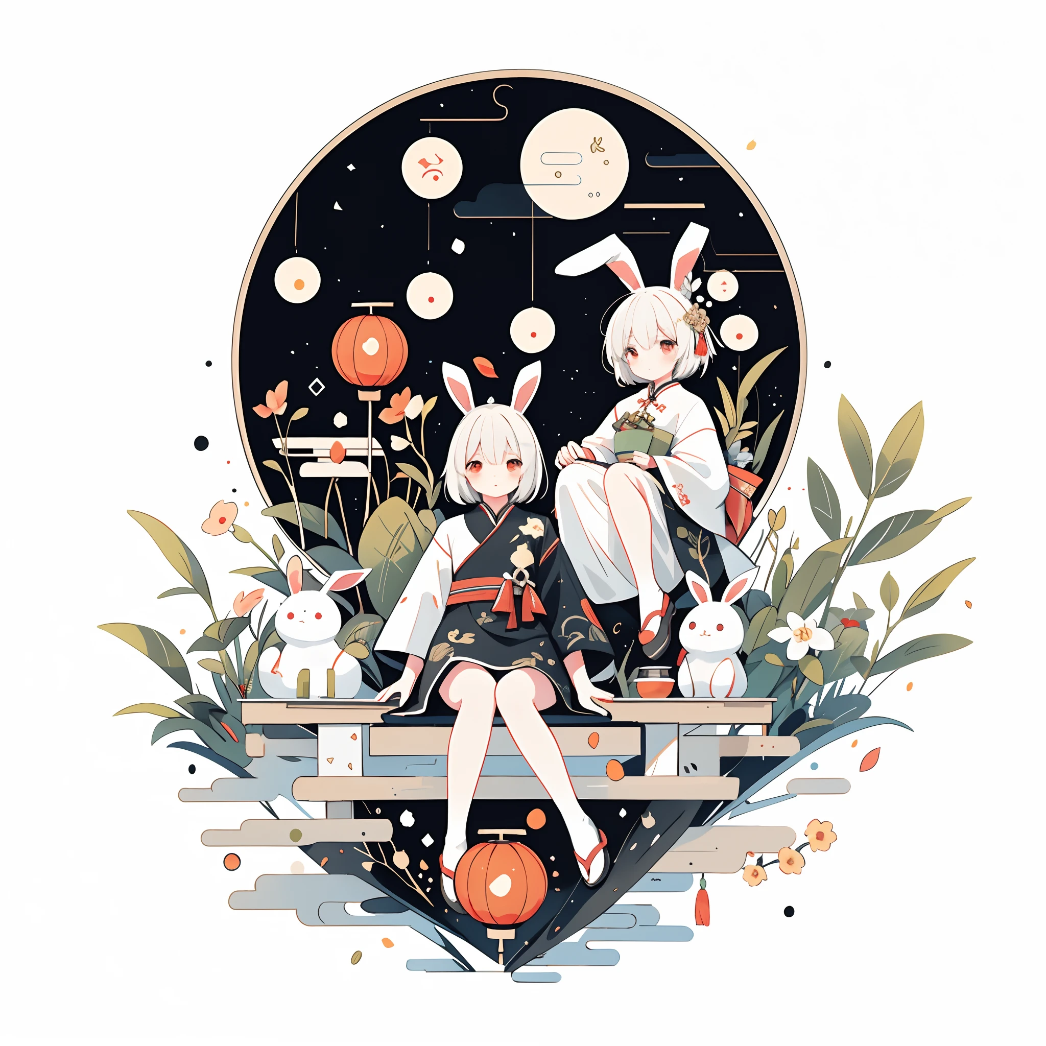 （A rabbit：1.4）, sat on the ground, Looking up, （（Mid-Autumn Festival atmosphere，sweet osmanthus，Kongming Lantern，Meniscus，Moon cake）），（Chinese kanji：1.3），Chinese Traditional illustration style, Digital art, Simple background, Masterpiece on white background, Best quality, Ultra-detailed, High quality, 4K