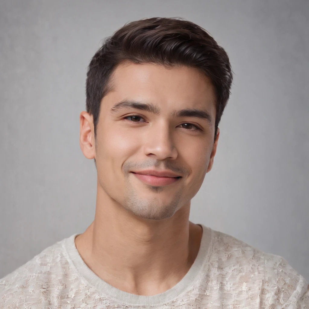 (photo: 1.3) af (realism: 1.3), (Hispanic), Latino man profile, (frontal close-up), soft light, clear face, happy, cheerful, warm light, white T-shirt, (off-white background), (blank background), ((gray wall background)) avatar, (short hair), smile, handsome, young,, short hair, smile, (close-up)