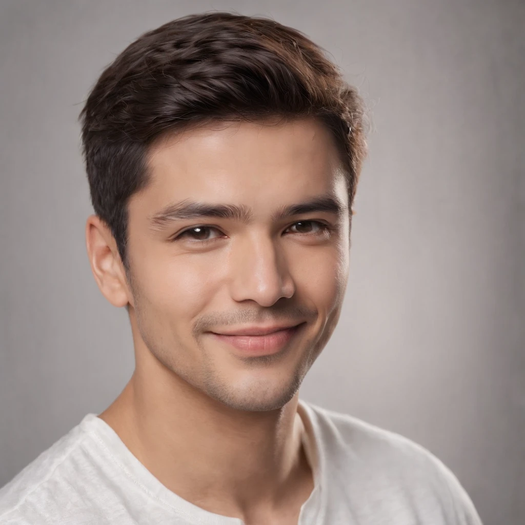 (photo: 1.3) af (realism: 1.3), (Hispanic), Latino man profile, (frontal close-up), soft light, clear face, happy, cheerful, warm light, white T-shirt, (off-white background), (blank background), ((gray wall background)) avatar, (short hair), smile, handsome, young,, short hair, smile, (close-up)