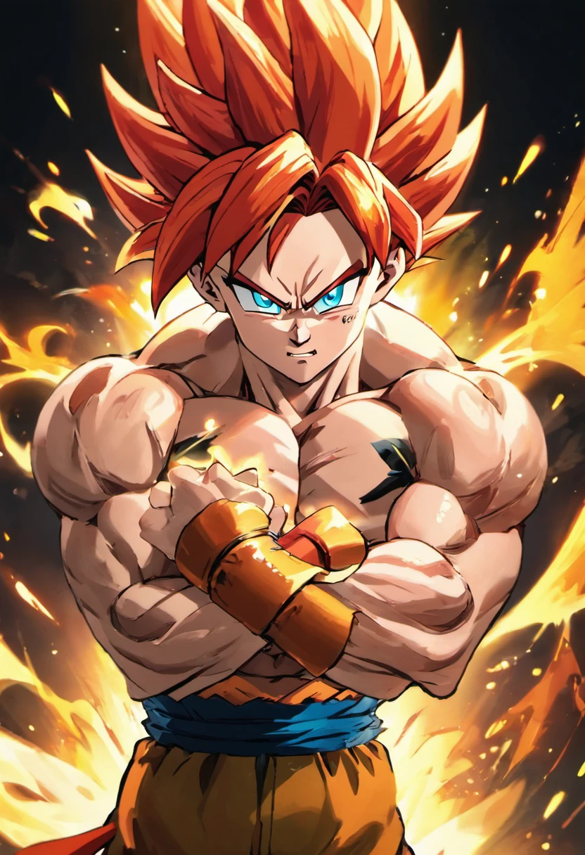 Gogeta Super Saiyan, red hair, Multi-action, Transformation Arms Crossed, battlefield, 8k uhd, gold