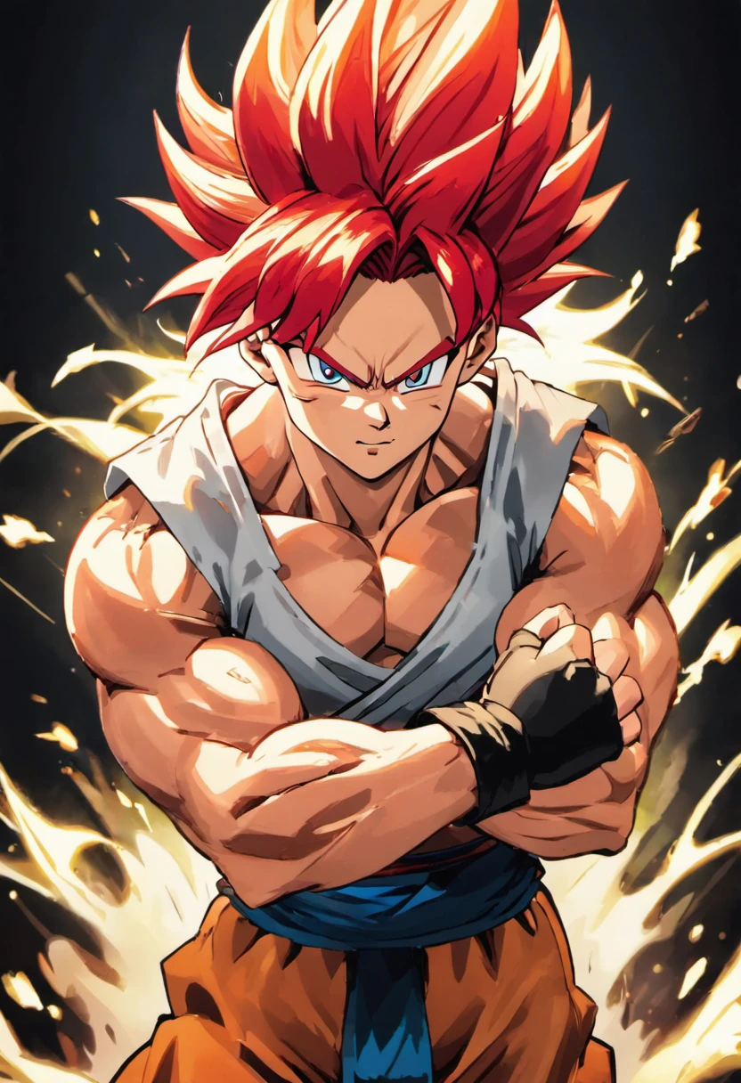 Gogeta Super Saiyan, red hair, Multi-action, Transformation Arms Crossed, battlefield, 8k uhd, gold