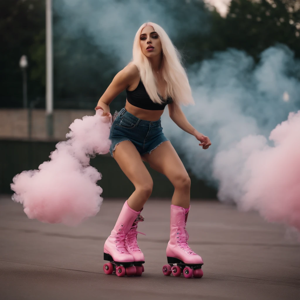 Ava Max on roller skates blowing smoke from pink roller skates