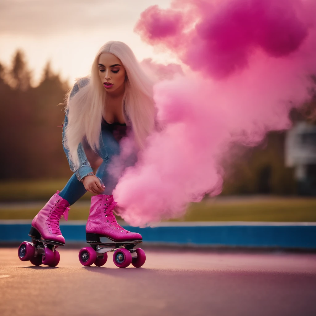 Ava Max on roller skates blowing smoke from pink roller skates