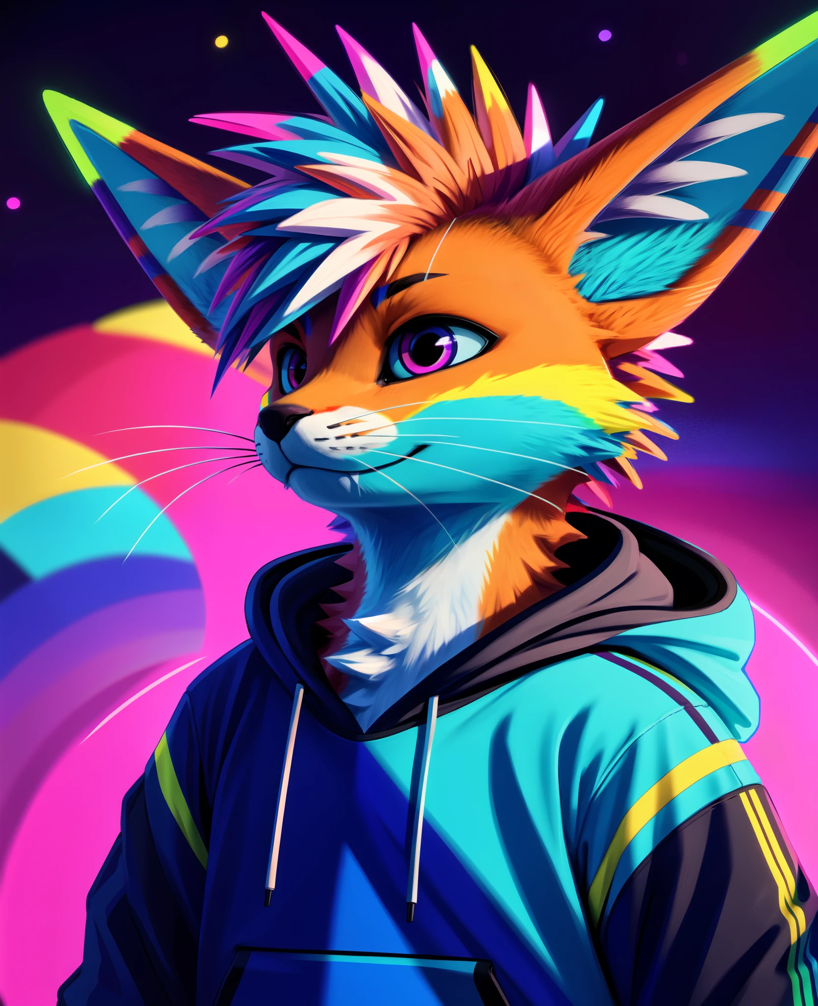 (rexouium:1.2), colorful scene, cute, dynamic scene, swaggy, drawing, round, abstract colorful background, close up portrait, spiky hairs, vibrant colors, glowing patterns, hoodie, pastel, rim lights, three-quarter view,