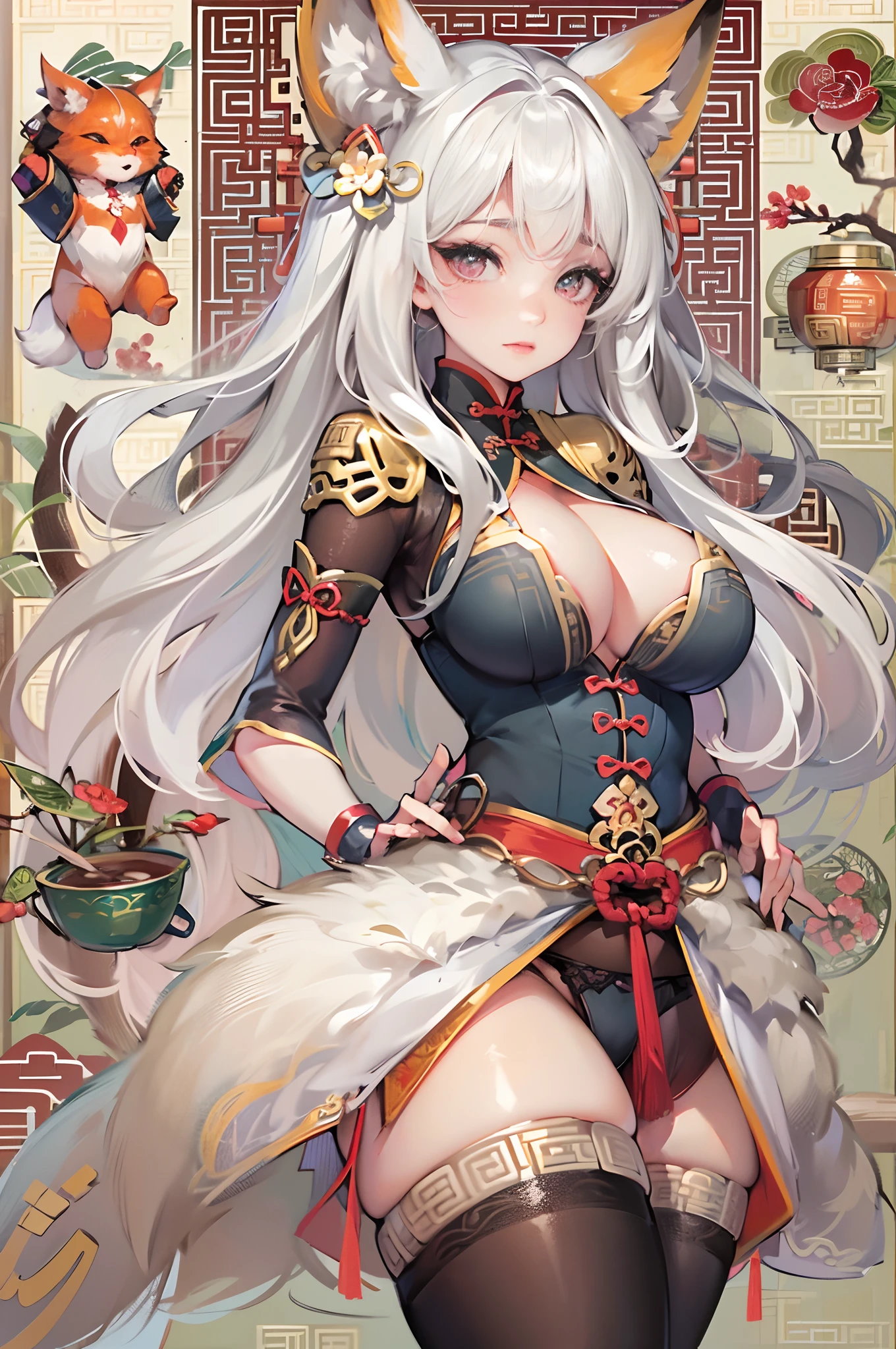 a beauty girl,Mature face,a matural female,Fluffy tail hair,Ultra-loose underwear,clothes slipping off,Anterior convex and posterior,Straight chest,Ruddy complexion,Huge fox tail,nabel,(huge tit),adventurer,tit,areola of breast,pantiess,Stockings,Human Services Group,((illustrated)),split,((Chinese tradition))