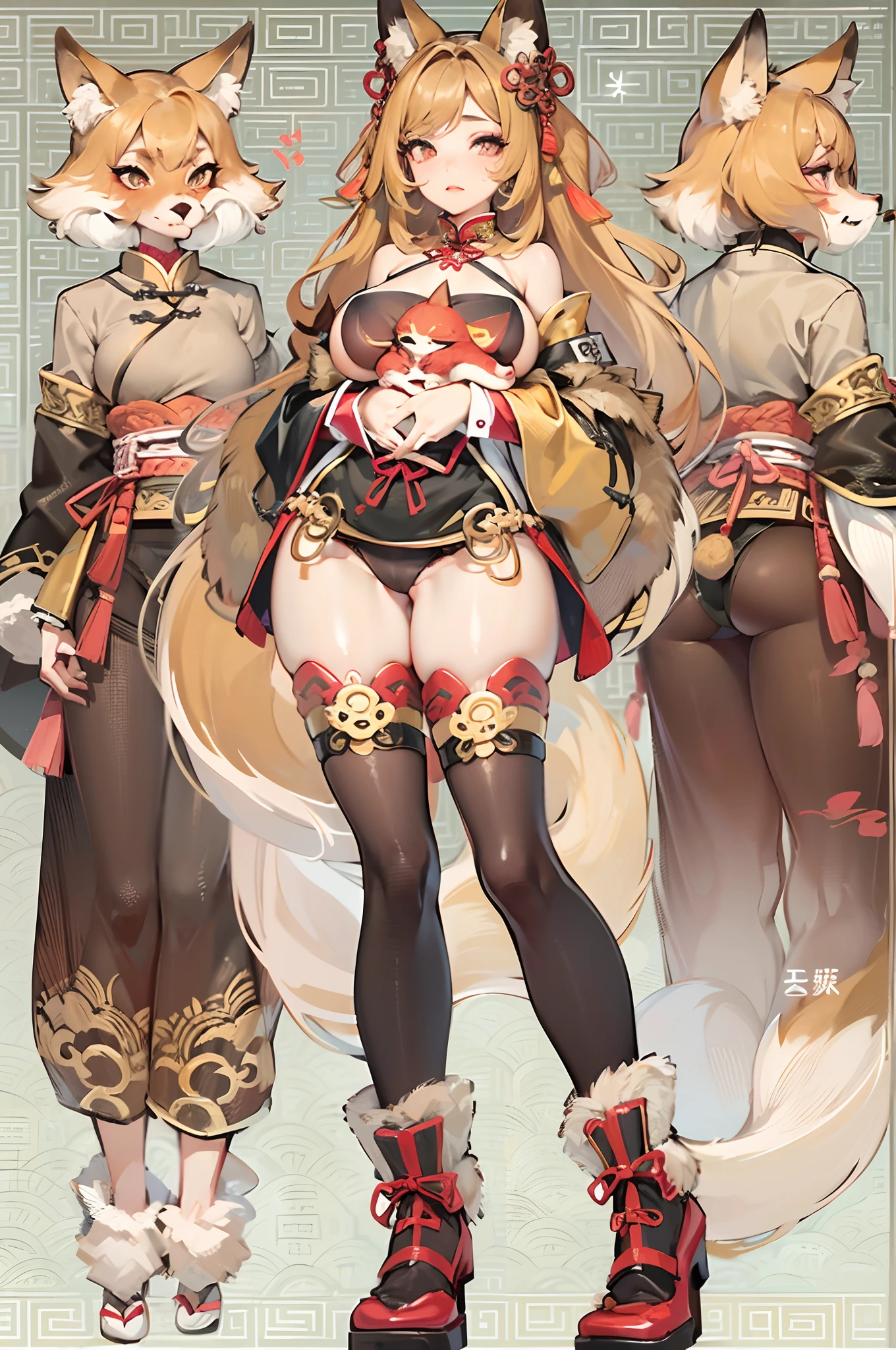 a beauty girl,Mature face,a matural female,Fluffy tail hair,Ultra-loose underwear,clothes slipping off,Anterior convex and posterior,Straight chest,Ruddy complexion,Huge fox tail,nabel,(huge tit),adventurer,tit,areola of breast,pantiess,Stockings,Human Services Group,((illustrated)),split,((Chinese tradition))