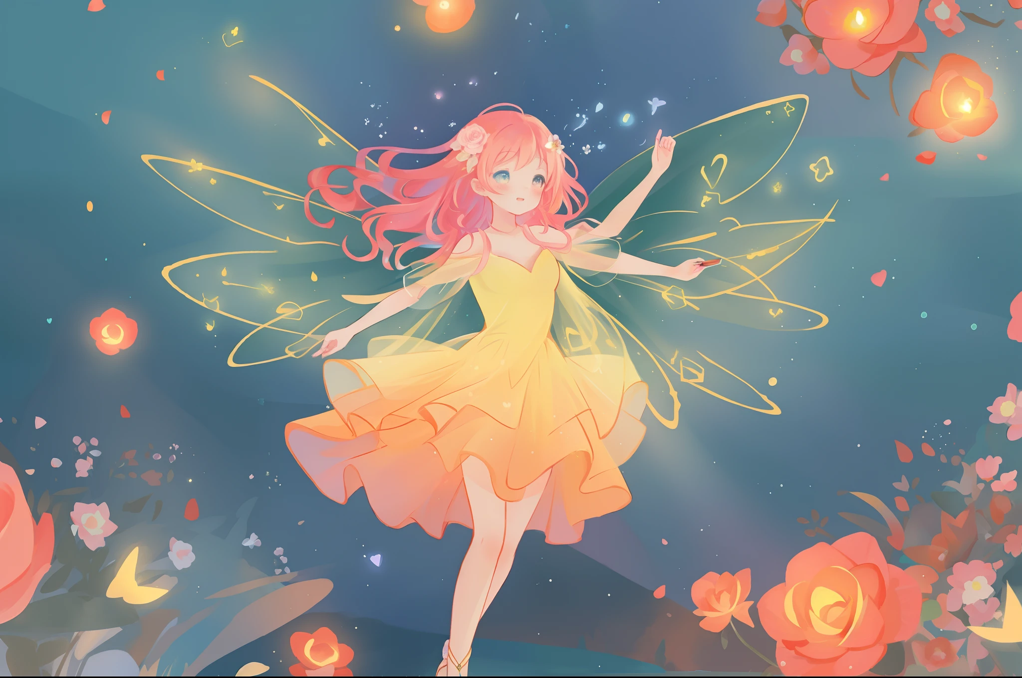 beautiful girl in flowing layered puff long sleeve ballgown, flower fairy, dress that looks like a flower or rose, rose, colorful flowers, inspired by Glen Keane, inspired by Lois van Baarle, disney art style, by Lois van Baarle, glowing aura around her, by Glen Keane, jen bartel, glowing lights! digital painting, flowing glowing hair, glowing flowing hair, beautiful digital illustration, fantasia otherworldly landscape plants flowers, beautiful, masterpiece, best quality, anime disney style, (sharp focus), intricate detail, fine detail, perfection, golden ratio, (fairy wings)