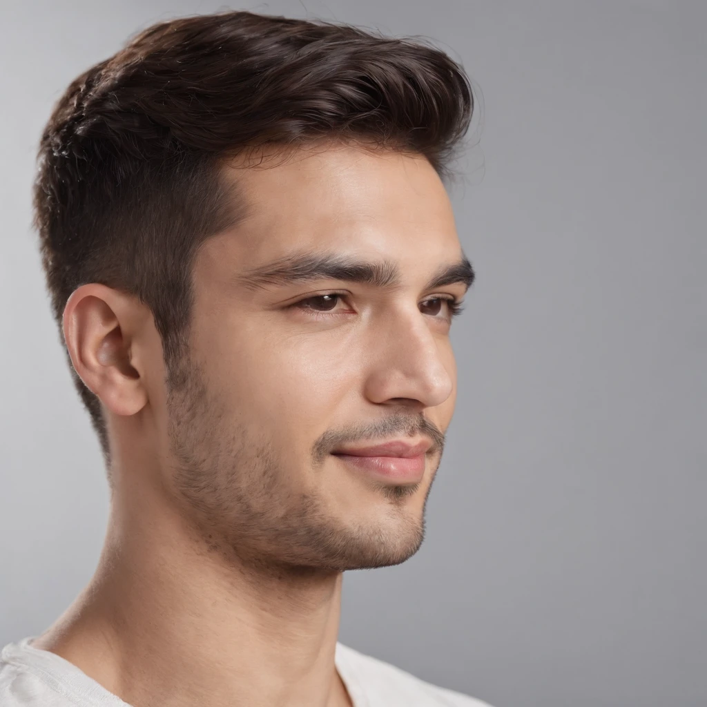 (photo: 1.3) af (realism: 1.3), (Hispanic), Latino man profile, (frontal close-up), soft light, clear face, happy, cheerful, warm light, white T-shirt, (off-white background), (blank background), ((gray wall background)) avatar, (short hair), smile, handsome, young,, short hair, smile, (close-up)