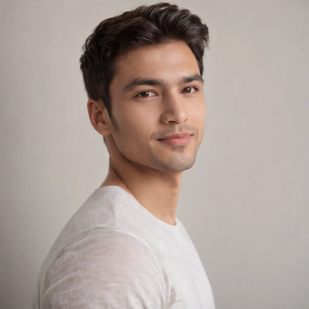(photo: 1.3) af (realism: 1.3), (Hispanic), Latino man profile, (frontal close-up), soft light, clear face, happy, cheerful, warm light, white T-shirt, (off-white background), (blank background), ((gray wall background)) avatar, (short hair), smile, handsome, young,, short hair, smile, (close-up)