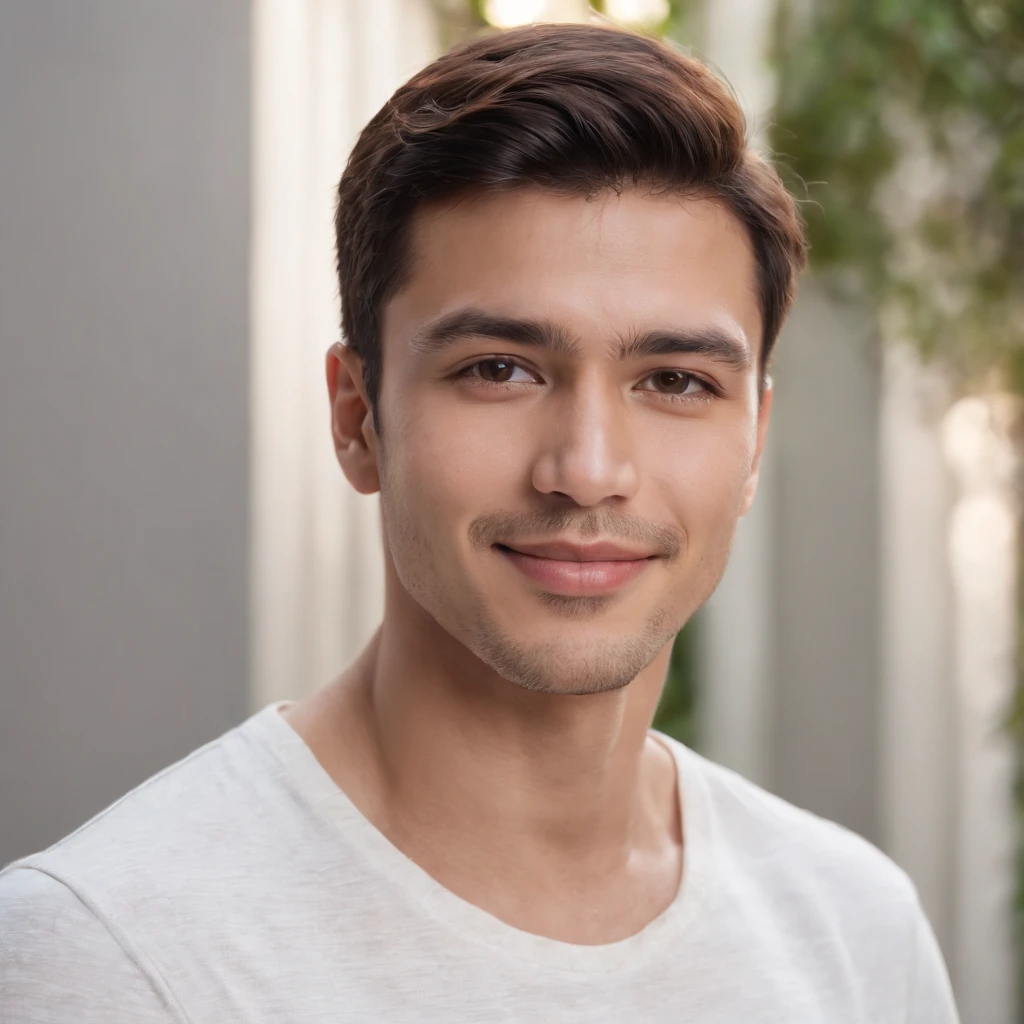 (photo: 1.3) af (realism: 1.3), (Hispanic), Latino man profile, (frontal close-up), soft light, clear face, happy, cheerful, warm light, white T-shirt, (off-white background), (blank background), ((gray wall background)) avatar, (short hair), smile, handsome, young,, short hair, smile, (close-up)