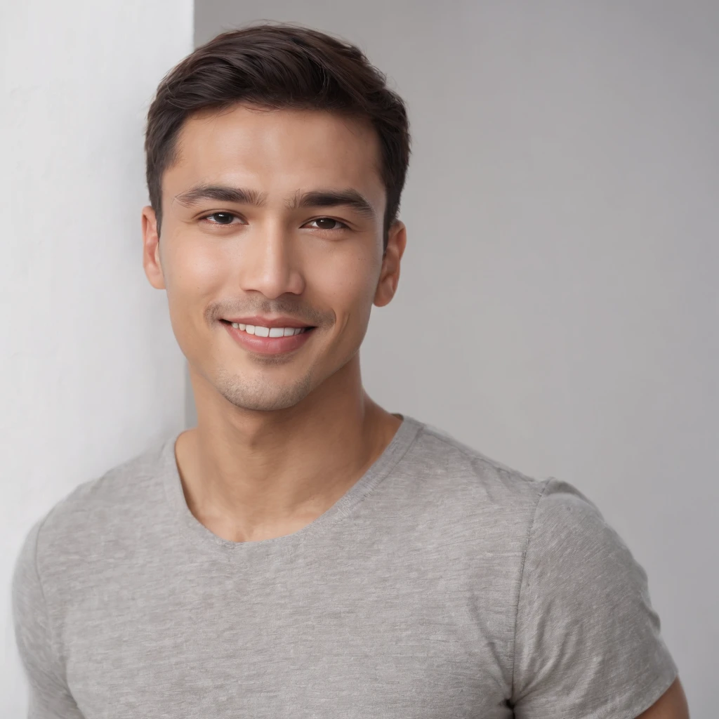(photo: 1.3) af (realism: 1.3), (Hispanic), Latino man profile, (frontal close-up), soft light, clear face, happy, cheerful, warm light, white T-shirt, (off-white background), (blank background), ((gray wall background)) avatar, (short hair), smile, handsome, young,, short hair, smile, (close-up)