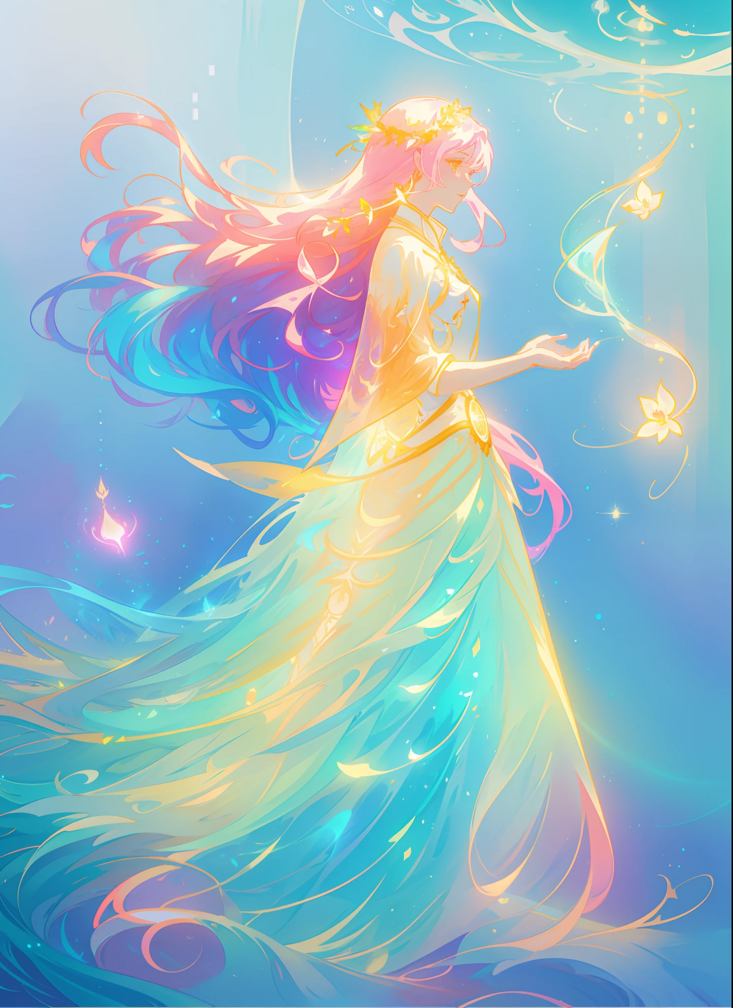 beautiful girl in flowing ballgown, flowing long hair, multi-layered ballgown, intricately detailed dress, colorful lights, pastel colors, magical, whimsical, sparkling, inspired by Glen Keane, inspired by Lois van Baarle, disney art style, by Lois van Baarle, glowing aura around her, by Glen Keane, jen bartel, glowing lights! digital painting, flowing glowing hair, glowing flowing hair, beautiful digital illustration, fantasia otherworldly landscape plants flowers, beautiful, masterpiece, best quality, anime disney style
