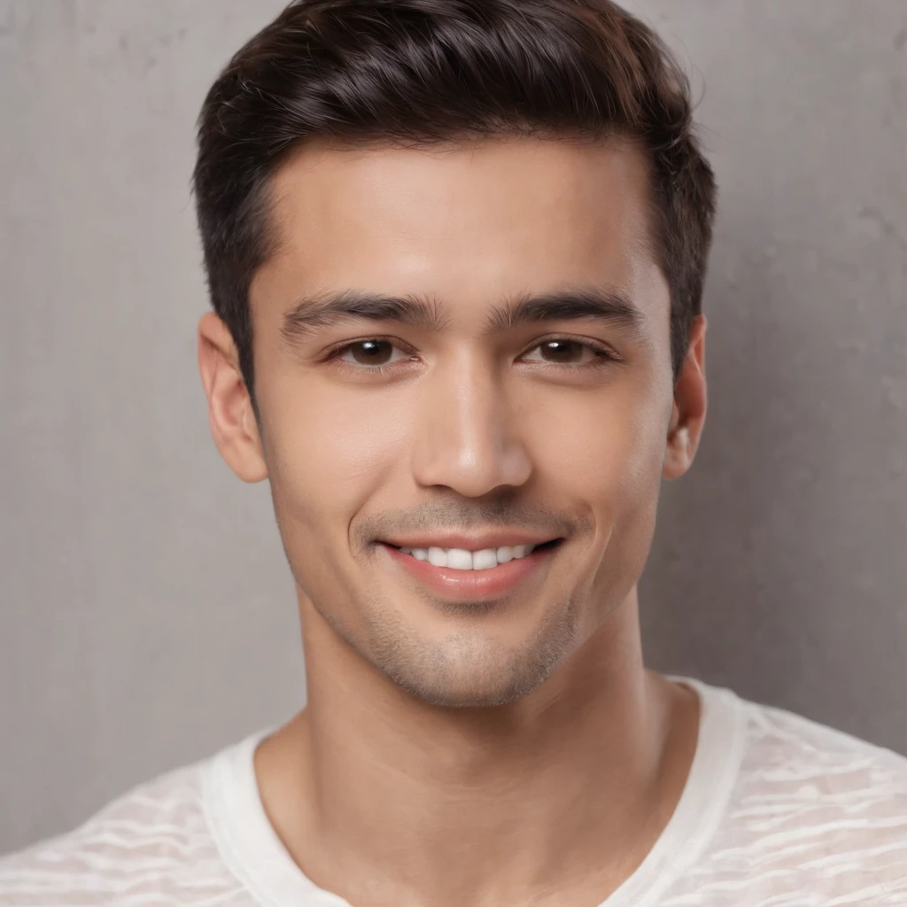 (photo: 1.3) af (realism: 1.3), (Hispanic), Latino man profile, (frontal close-up), soft light, clear face, happy, cheerful, warm light, white T-shirt, (off-white background), (blank background), ((gray wall background)) avatar, (short hair), smile, handsome, young,, short hair, smile, (close-up)