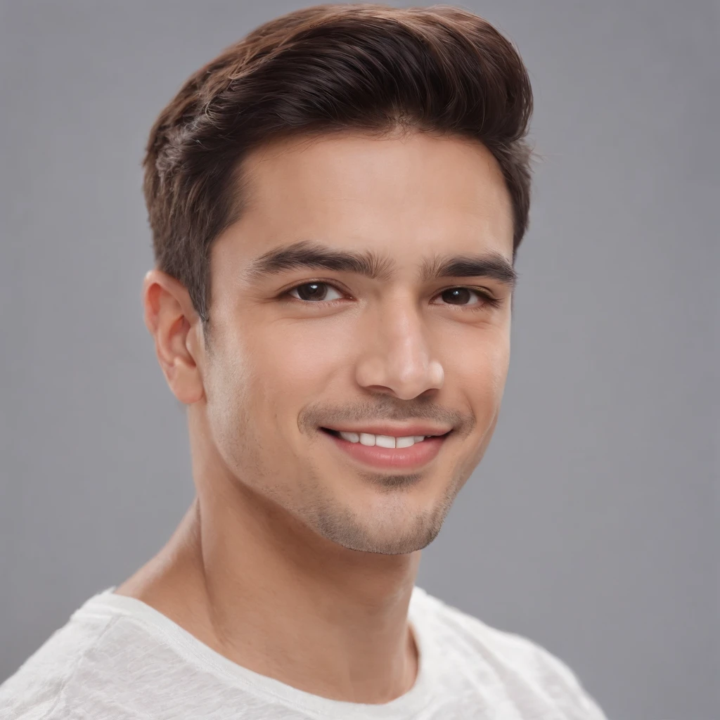 (photo: 1.3) af (realism: 1.3), (Hispanic), Latino man profile, (frontal close-up), soft light, clear face, happy, cheerful, warm light, white T-shirt, (off-white background), (blank background), ((gray wall background)) avatar, (short hair), smile, handsome, young,, short hair, smile, (close-up)