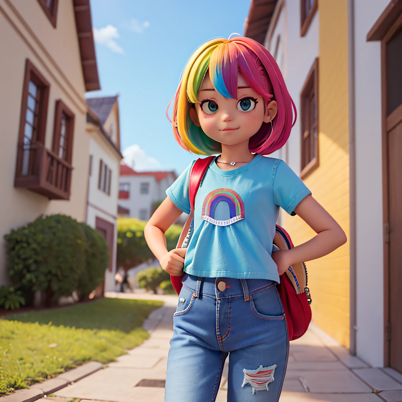  pequena, chibby, ((rainbow hair)), graciosa, alegre, ((brincando)), Denim Jeans Pants, blusa branca, ((mochila colorida nas costas)), sentada, ((chibby))