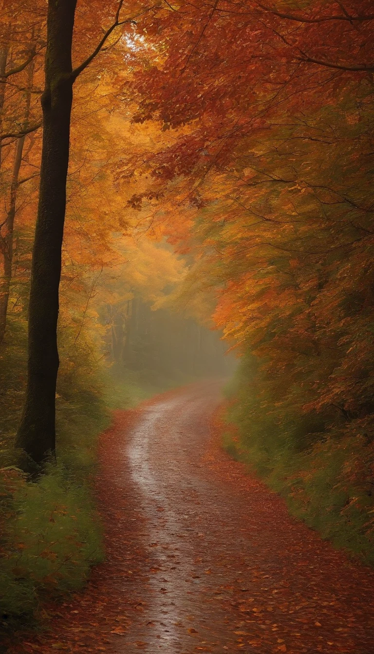 Rainy days，Forest path，autumnal，falling leaf
