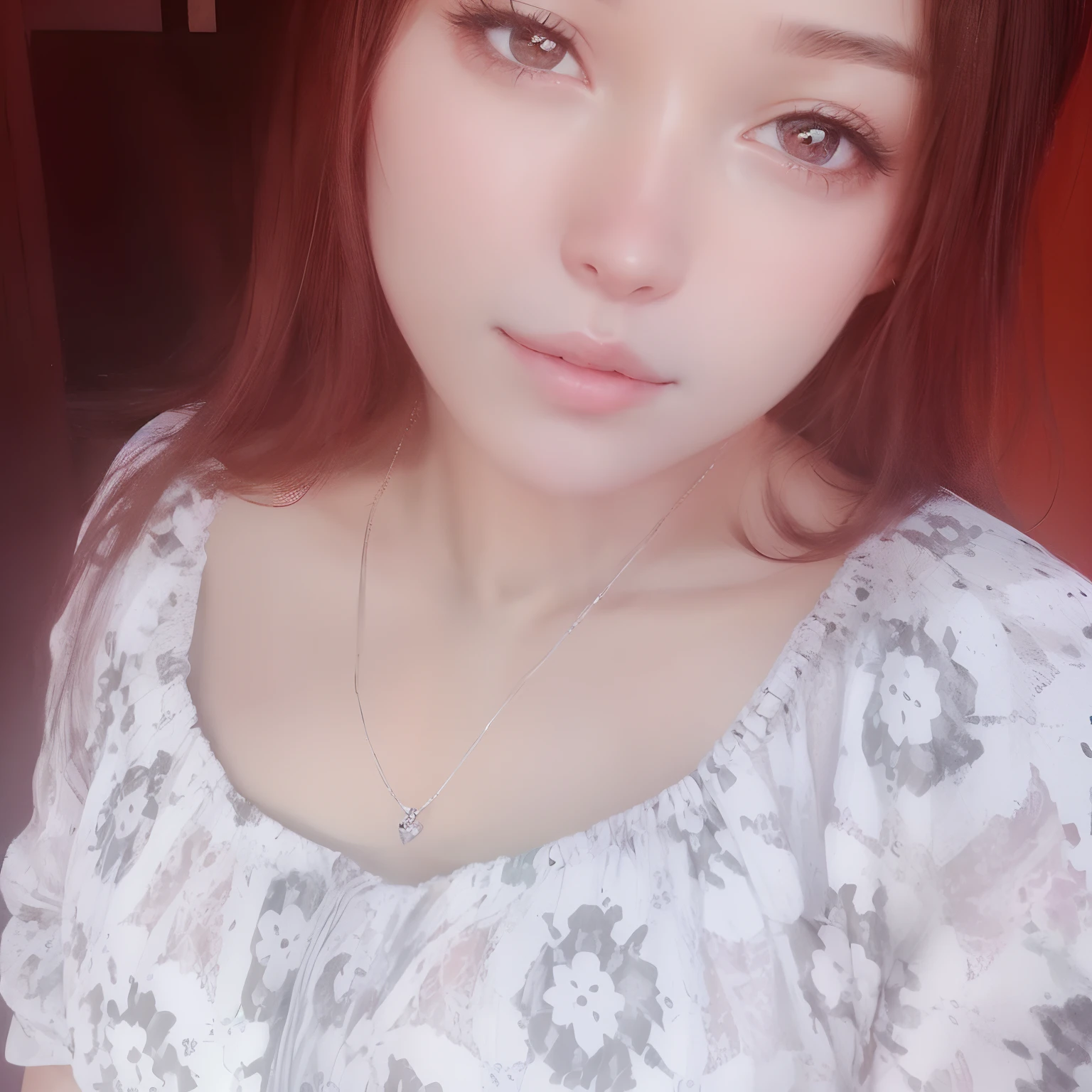 Close up of a woman with a necklace around her neck, 2 2 years old, Korean girl, Chinese girl, 18 years old, young cute girl, cute woman, profile picture, asian girl, with cute - fine - face, good young girl, cute look, anime vision of young woman, my dress up dear anime, breasts, nice big breasts, naughty anime style, beautiful anime high school girl, emphasis on big tits, naughty anime style, smooth anime CG art, beautiful anime girl, naughty anime style, realistic anime girl rendering, shy, sexually suggestive,