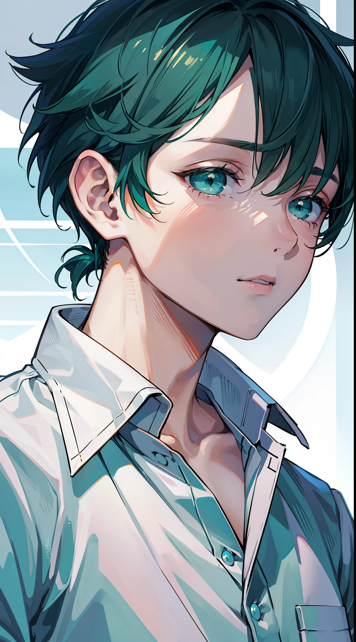 young boy, short turquoise hair, high ponytail, Green eyes, White beautiful shirt, pants, brushes, Masterpiece, hiquality, 4k, HD, Good detail